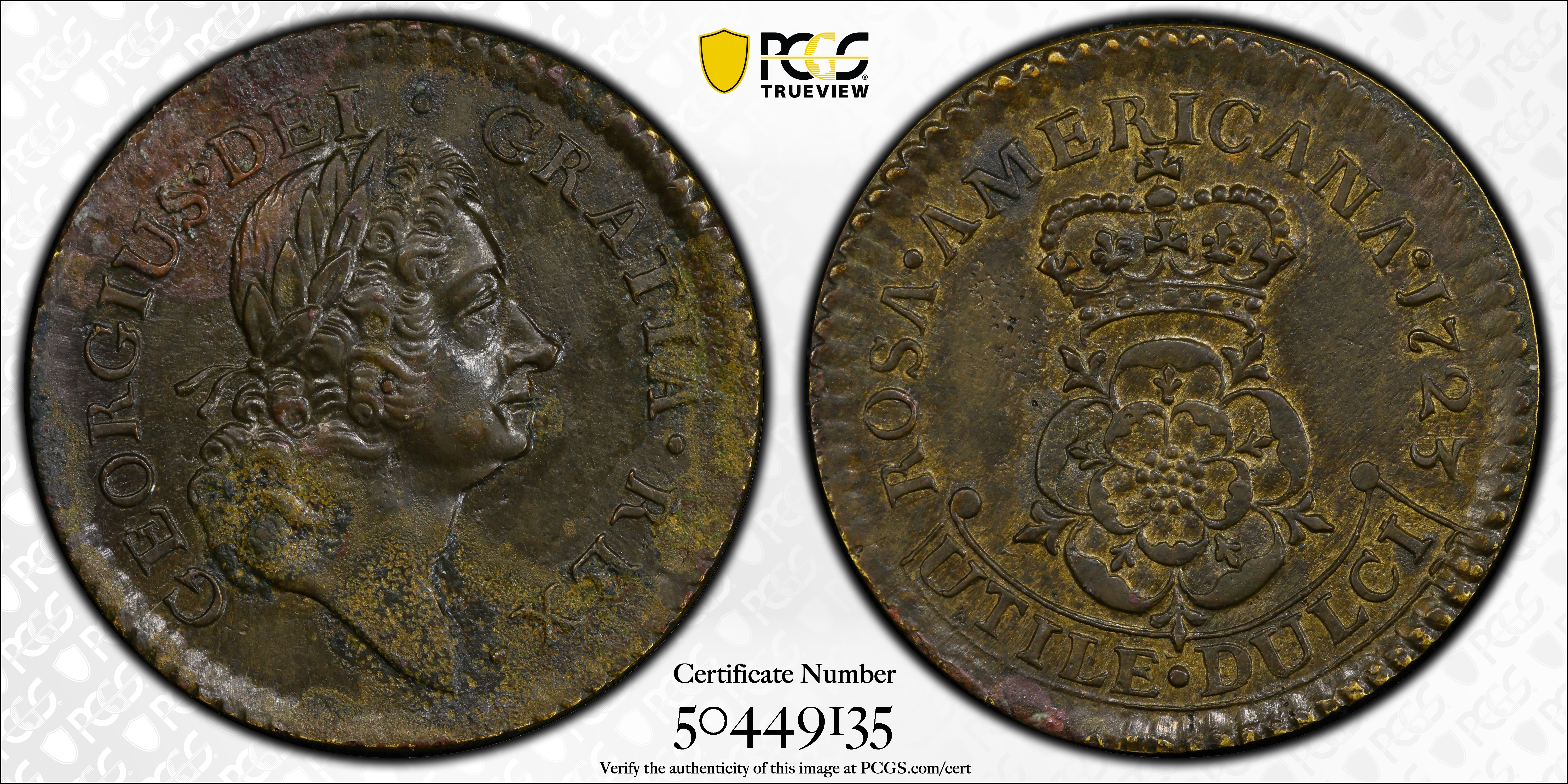 image for: 1723 Rosa Americana Halfpenny. Martin 3.7-F.1, W-1236. Rarity-4. Crowned Rose. Unc Details--Environmental Damage (PCGS).
