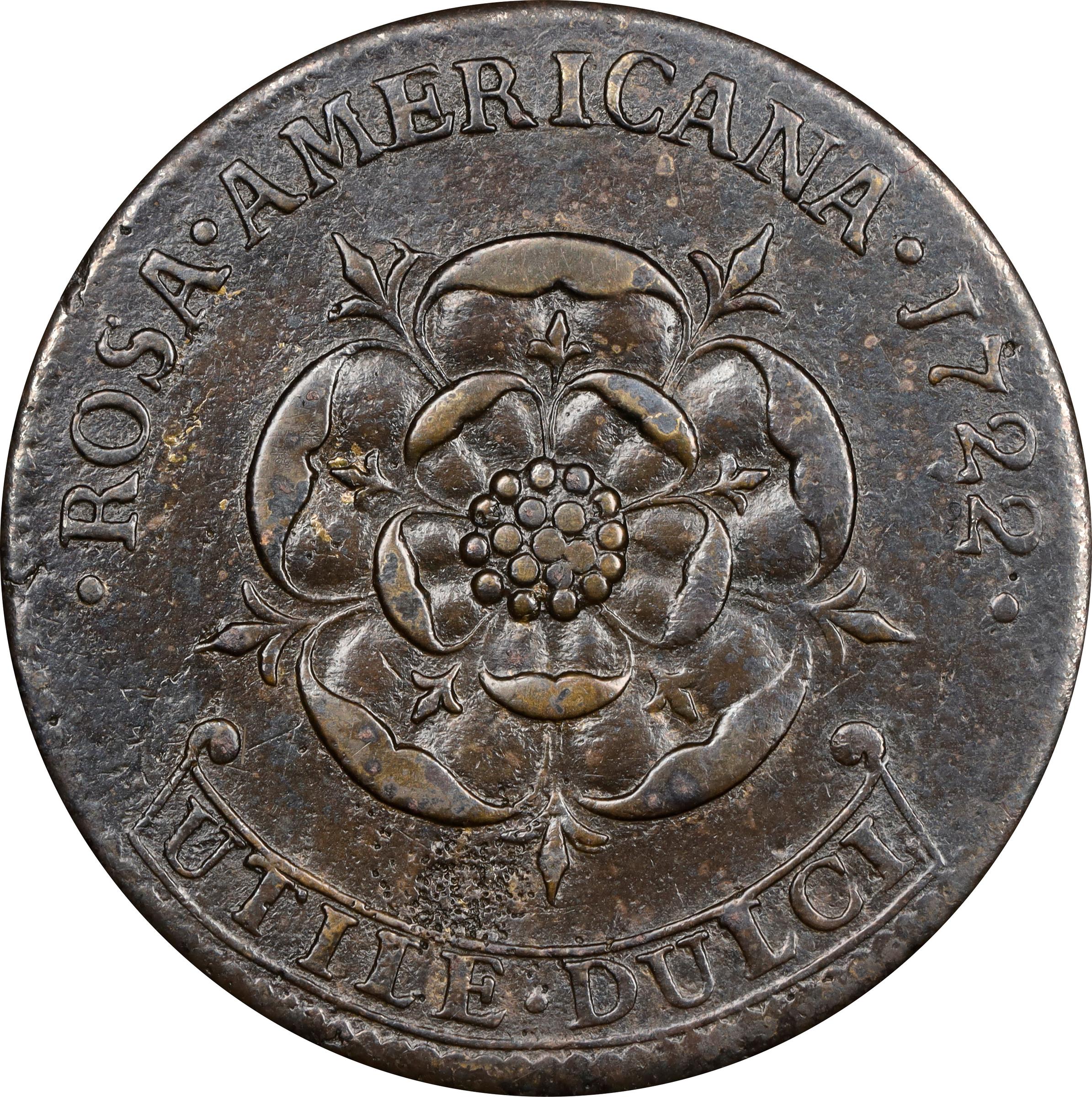 image for: 1722 Rosa Americana Twopence. Martin 4.4-C.1, W-1330. Rarity-4. No Period After REX. VF Details--Environmental Damage (PCGS).