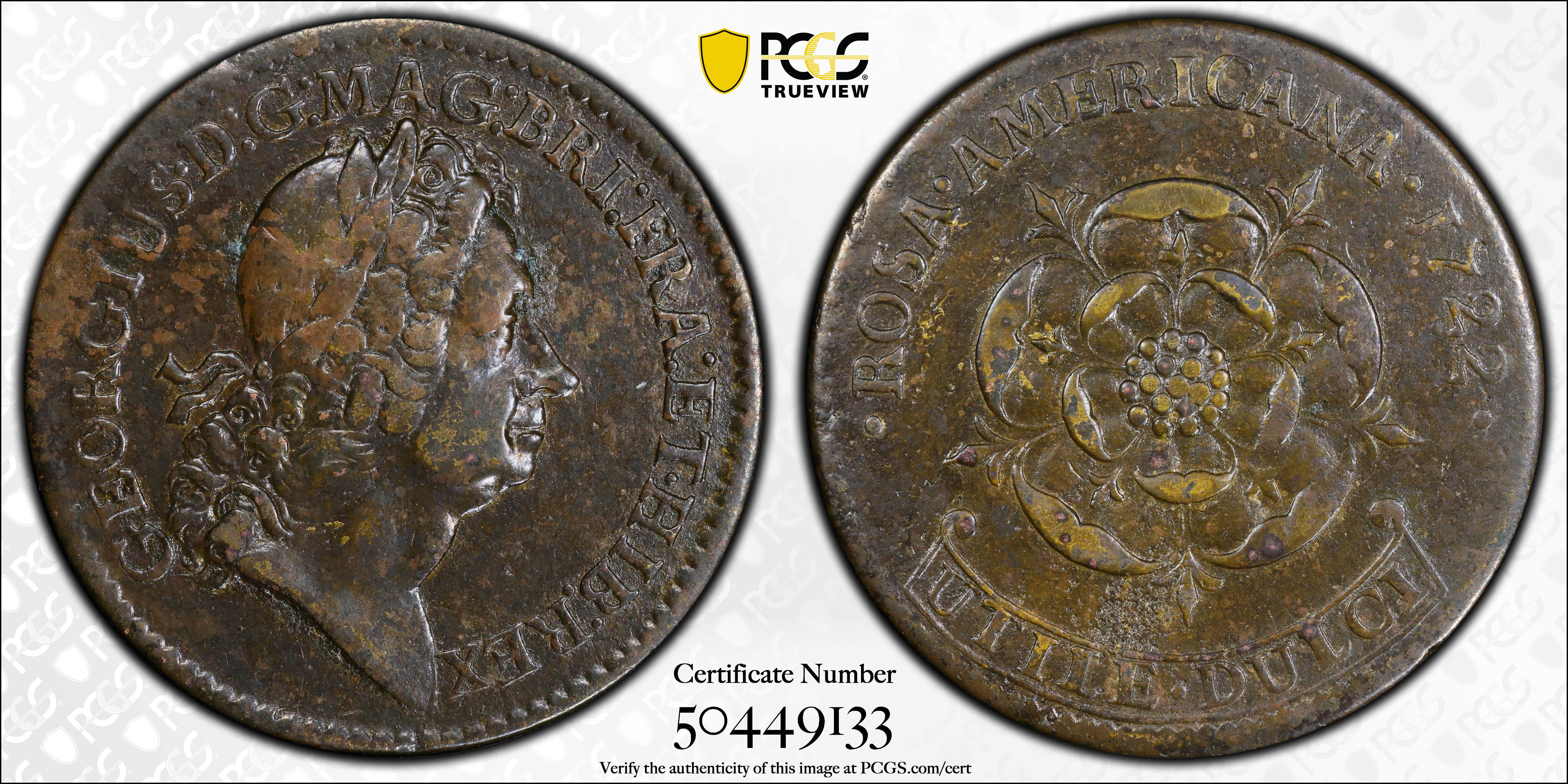 image for: 1722 Rosa Americana Twopence. Martin 4.4-C.1, W-1330. Rarity-4. No Period After REX. VF Details--Environmental Damage (PCGS).
