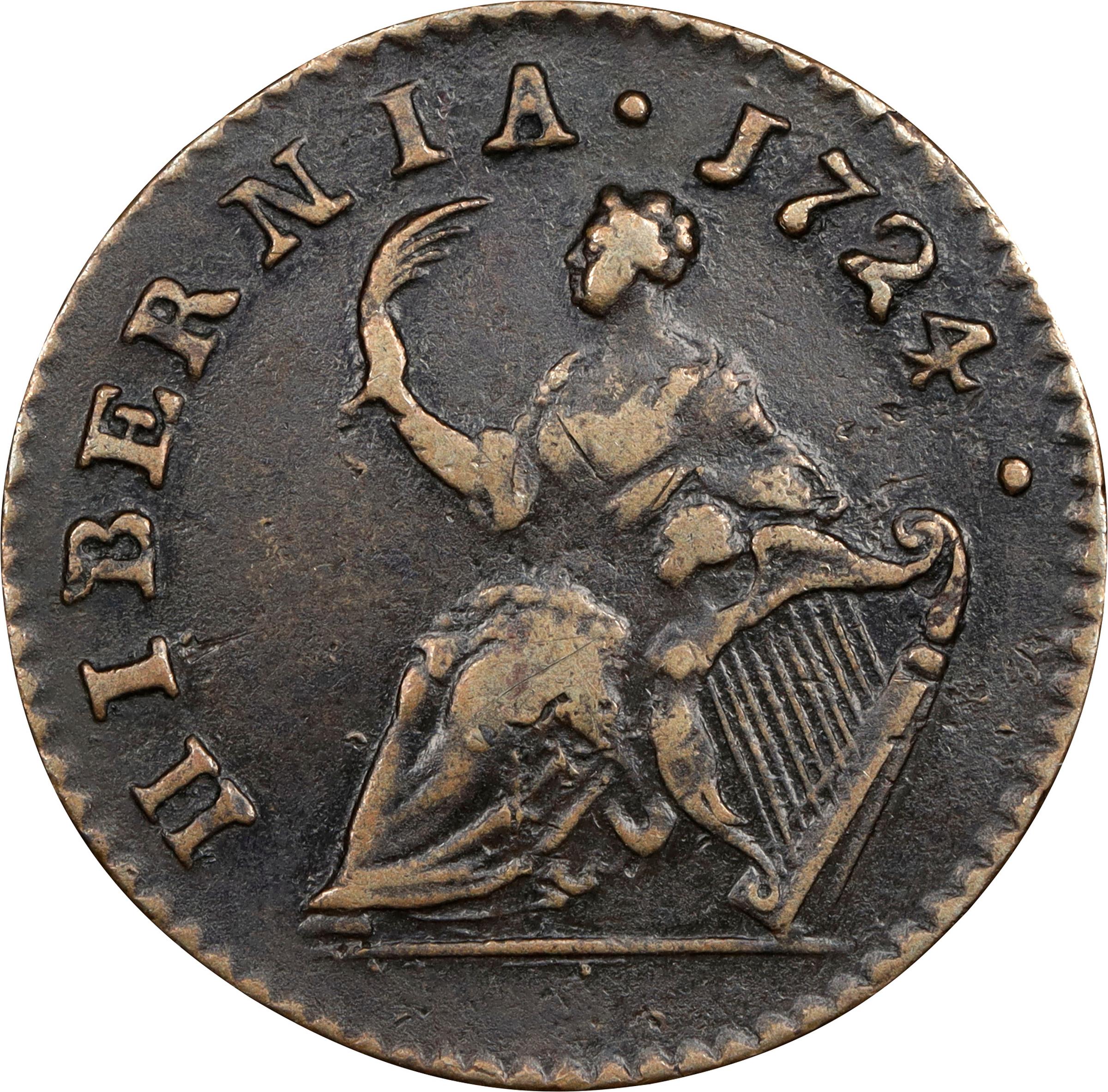image for: 1724 Wood's Hibernia Farthing. Martin 3.9-D.1, W-12600. Rarity-4. VF-35 (PCGS).