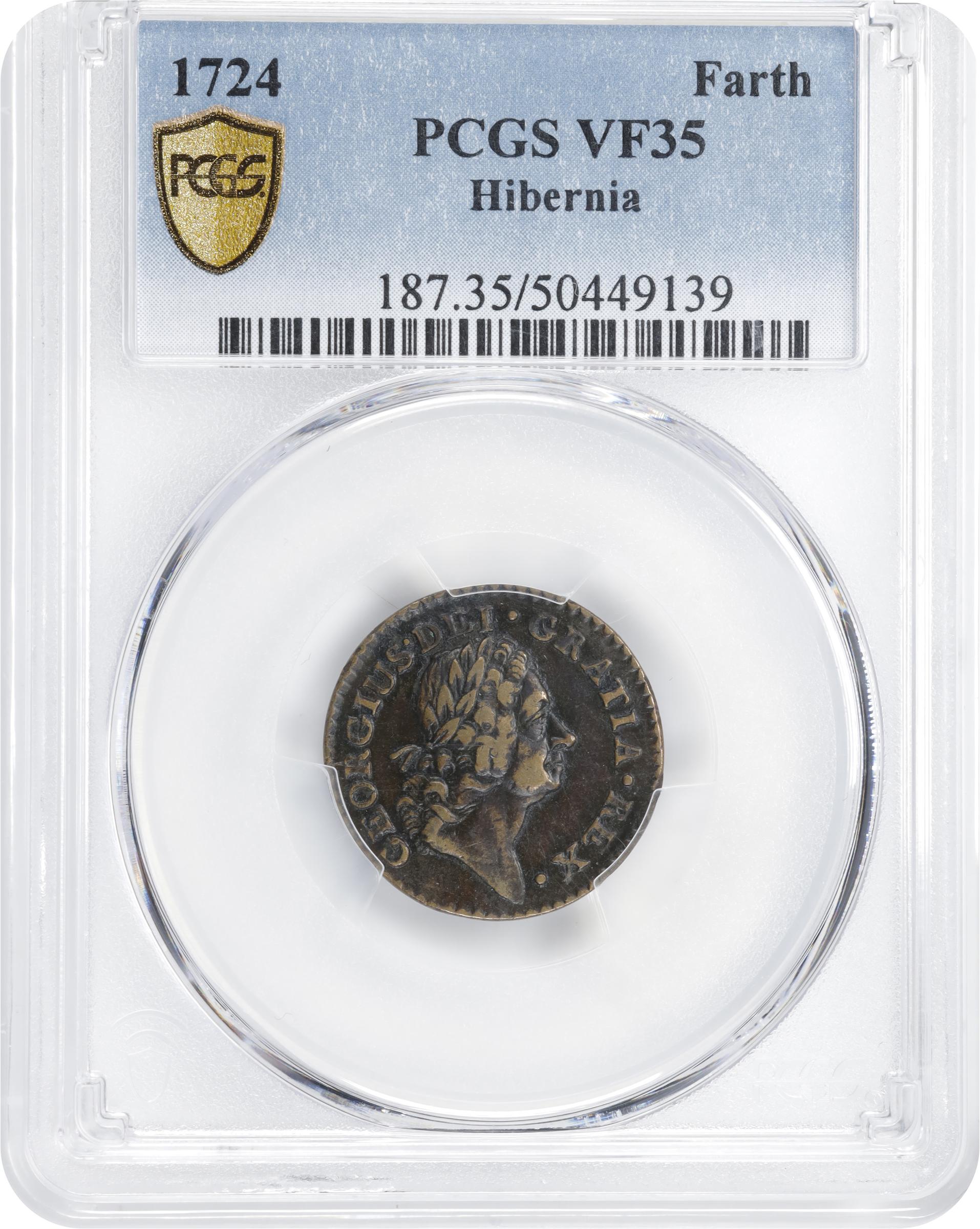 image for: 1724 Wood's Hibernia Farthing. Martin 3.9-D.1, W-12600. Rarity-4. VF-35 (PCGS).