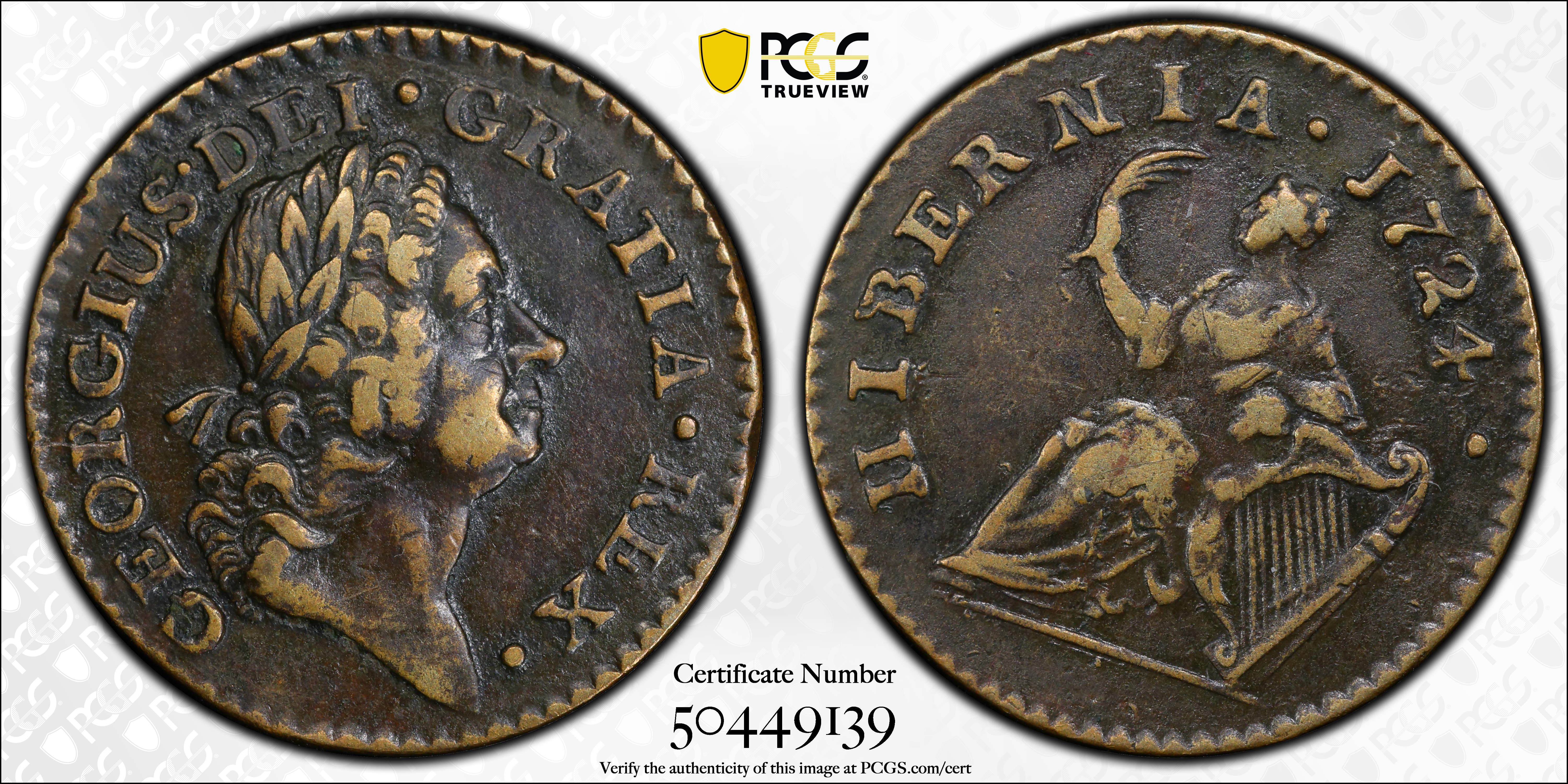 image for: 1724 Wood's Hibernia Farthing. Martin 3.9-D.1, W-12600. Rarity-4. VF-35 (PCGS).