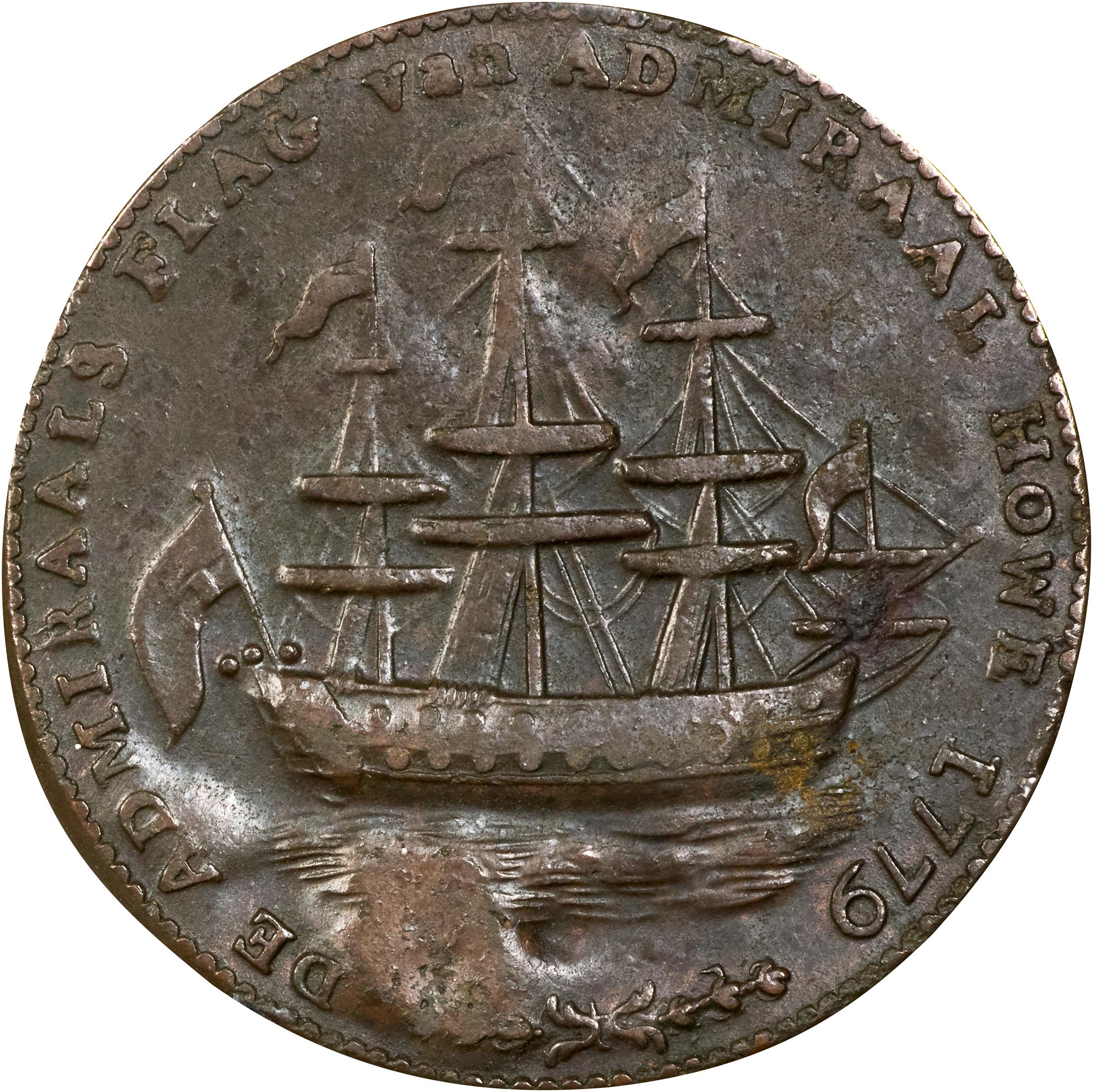 image for: "1778-1779" (ca. 1780) Rhode Island Ship Medal. Betts-563, W-1740. Wreath Below Ship. Brass or Pinchbeck. Very Fine, Plugged.