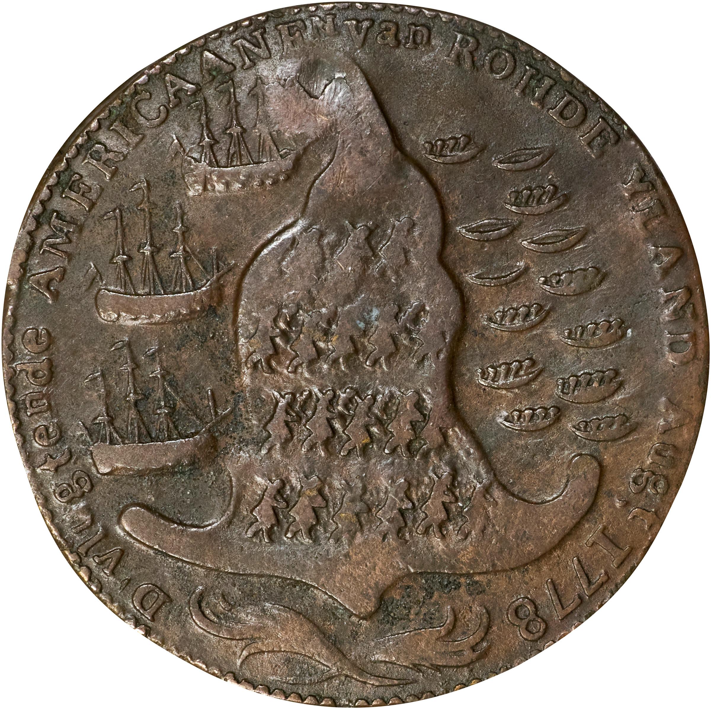 image for: "1778-1779" (ca. 1780) Rhode Island Ship Medal. Betts-563, W-1740. Wreath Below Ship. Brass or Pinchbeck. Very Fine, Plugged.