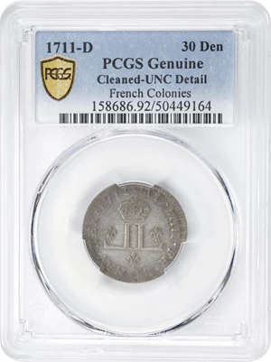 image for: 1711-D 30 Deniers, or Mousquetaire. Lyon Mint. Vlack-3. Rarity-2. Unc Details--Cleaned (PCGS).