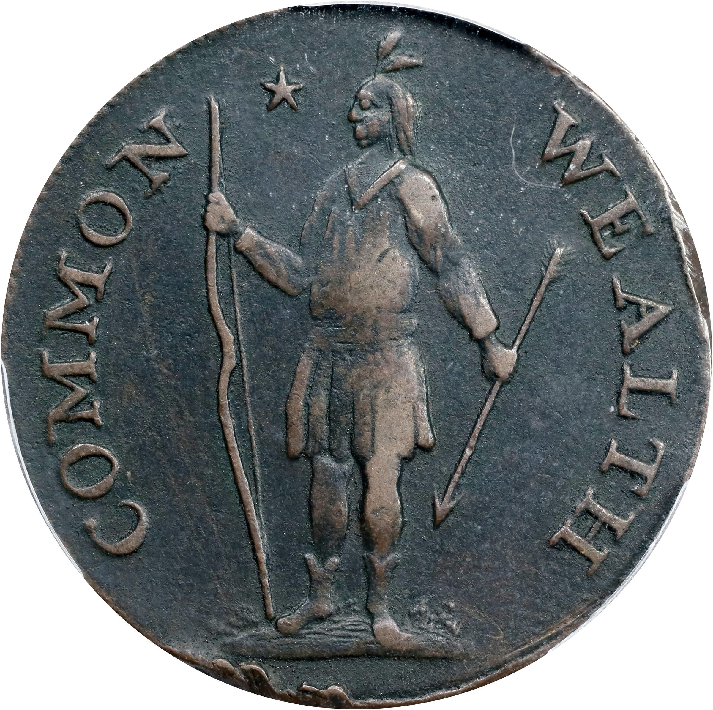 image for: 1787 Massachusetts Cent. Ryder 2b-A, W-6040. Rarity-2. Arrows in Left Talon, Horned Eagle. VF Details--Environmental Damage (PCGS).