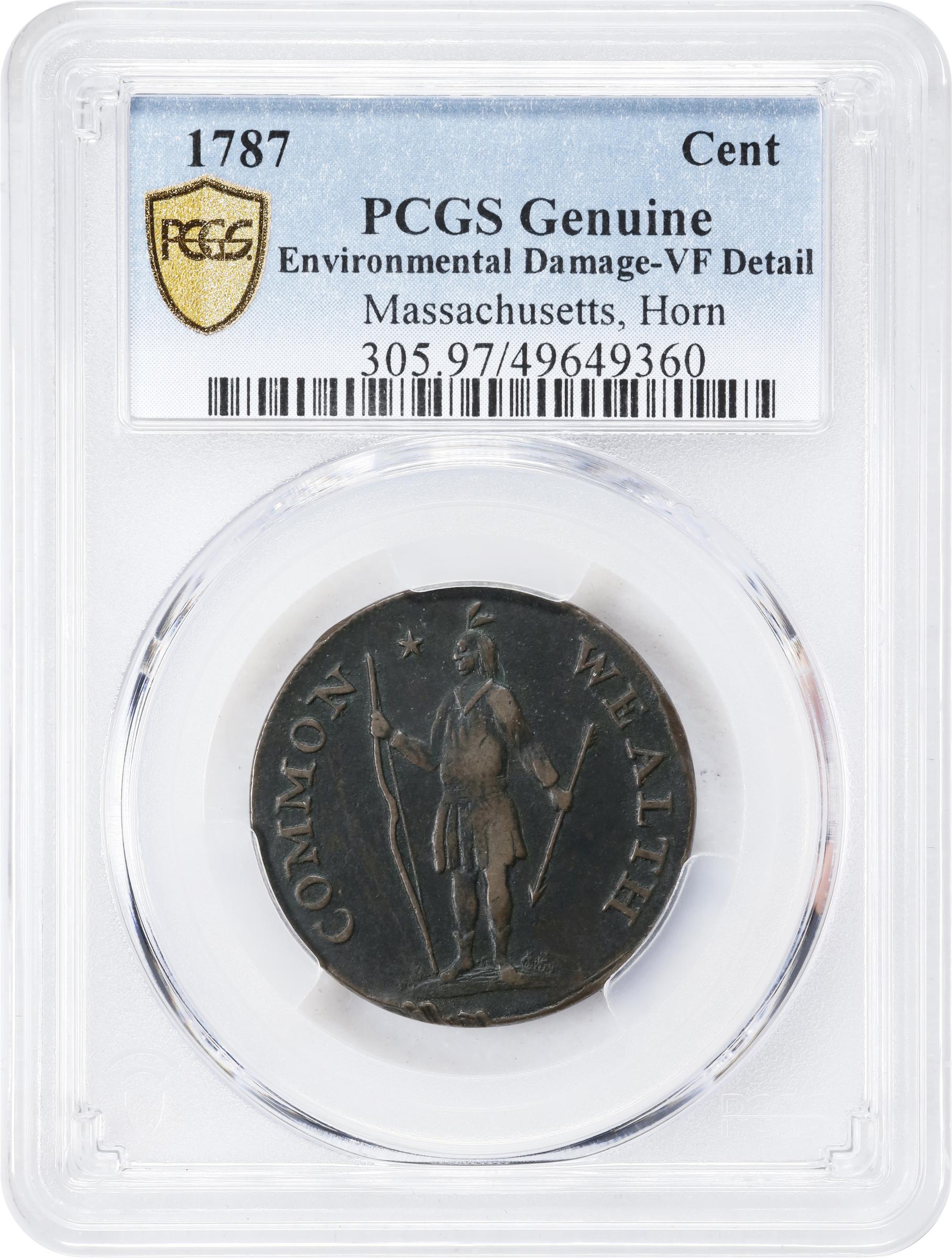 image for: 1787 Massachusetts Cent. Ryder 2b-A, W-6040. Rarity-2. Arrows in Left Talon, Horned Eagle. VF Details--Environmental Damage (PCGS).