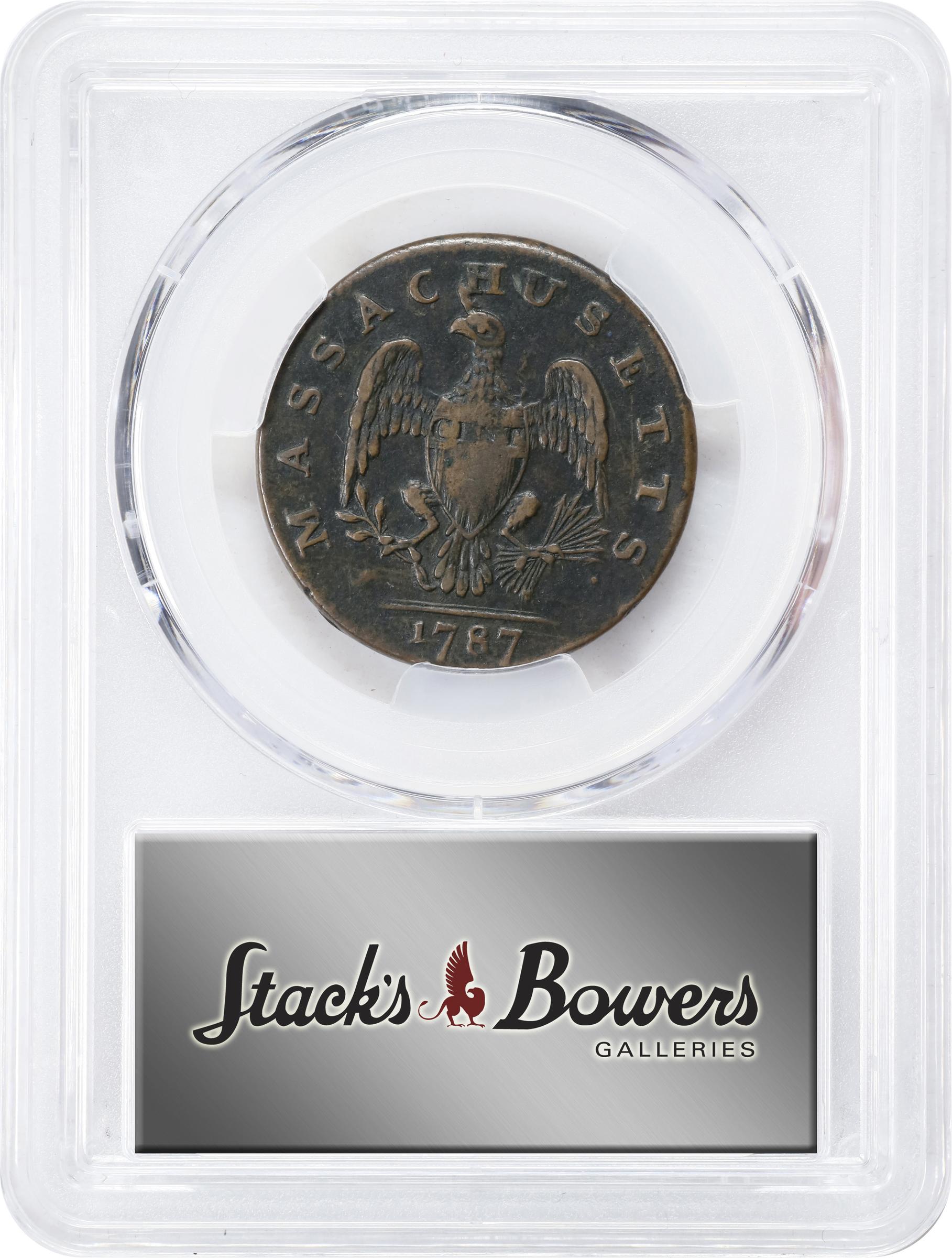 image for: 1787 Massachusetts Cent. Ryder 2b-A, W-6040. Rarity-2. Arrows in Left Talon, Horned Eagle. VF Details--Environmental Damage (PCGS).