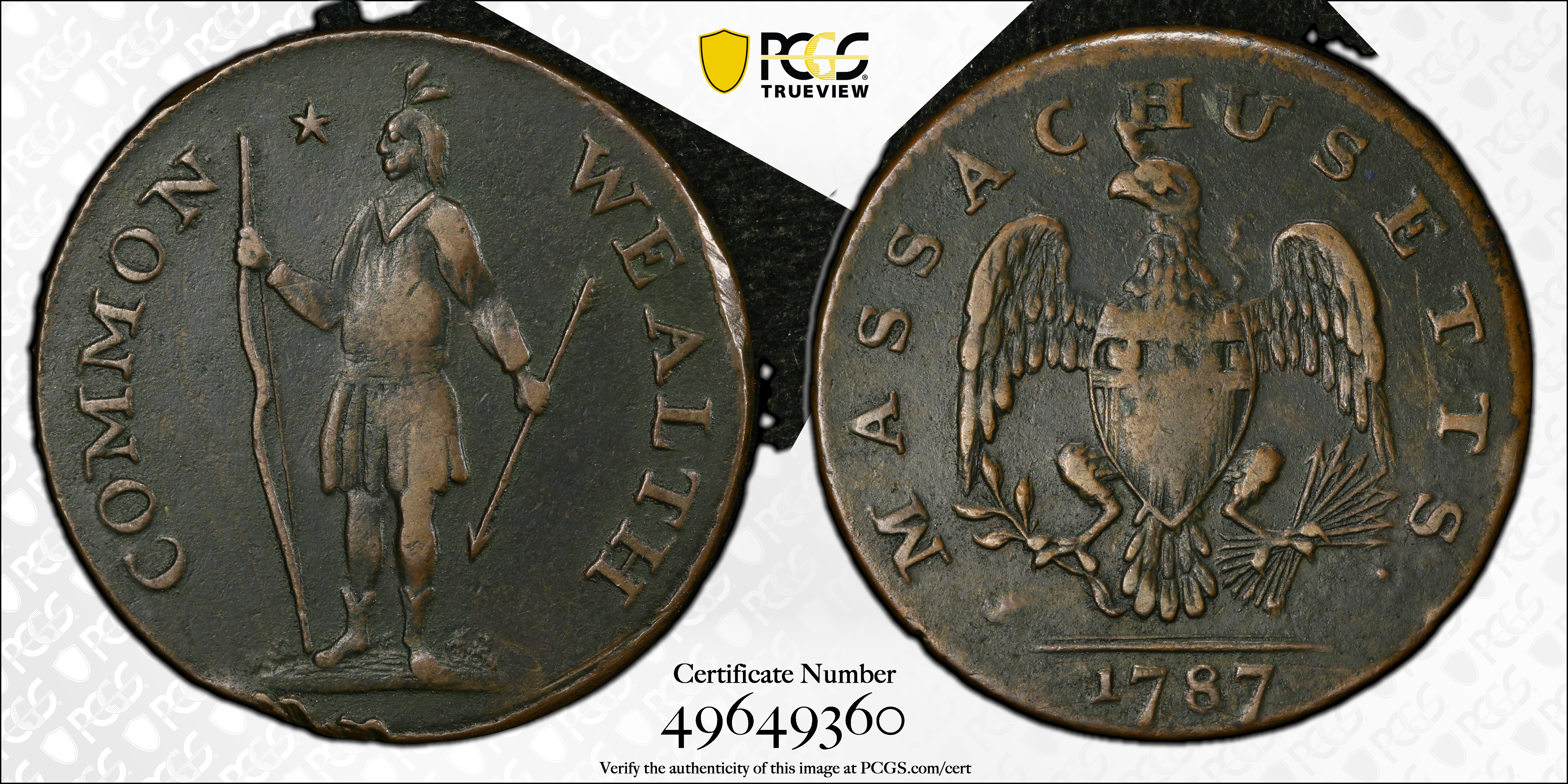 image for: 1787 Massachusetts Cent. Ryder 2b-A, W-6040. Rarity-2. Arrows in Left Talon, Horned Eagle. VF Details--Environmental Damage (PCGS).