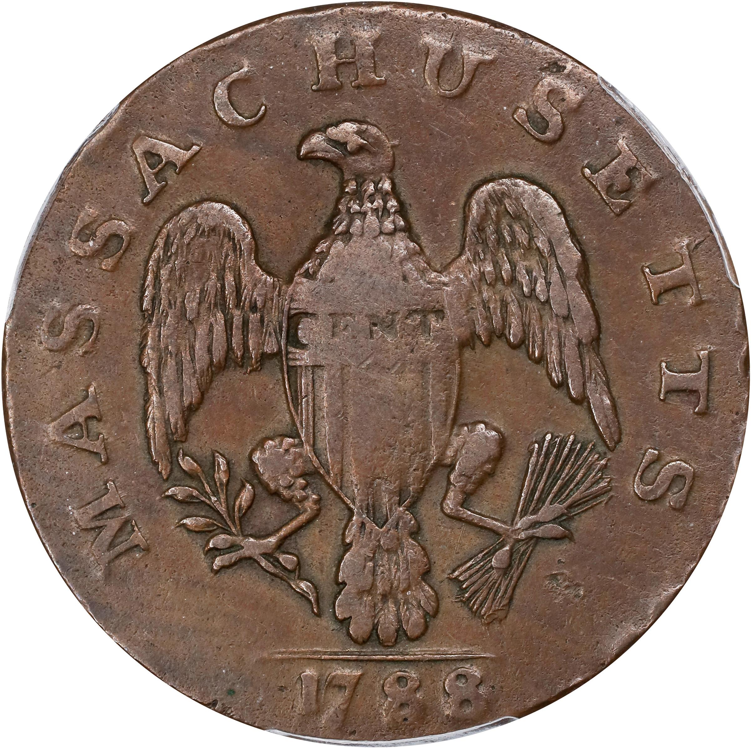image for: 1788 Massachusetts Cent. Ryder 6-N, W-6240. Rarity-3-. No Period After MASSACHUSETTS. EF-40 (PCGS).