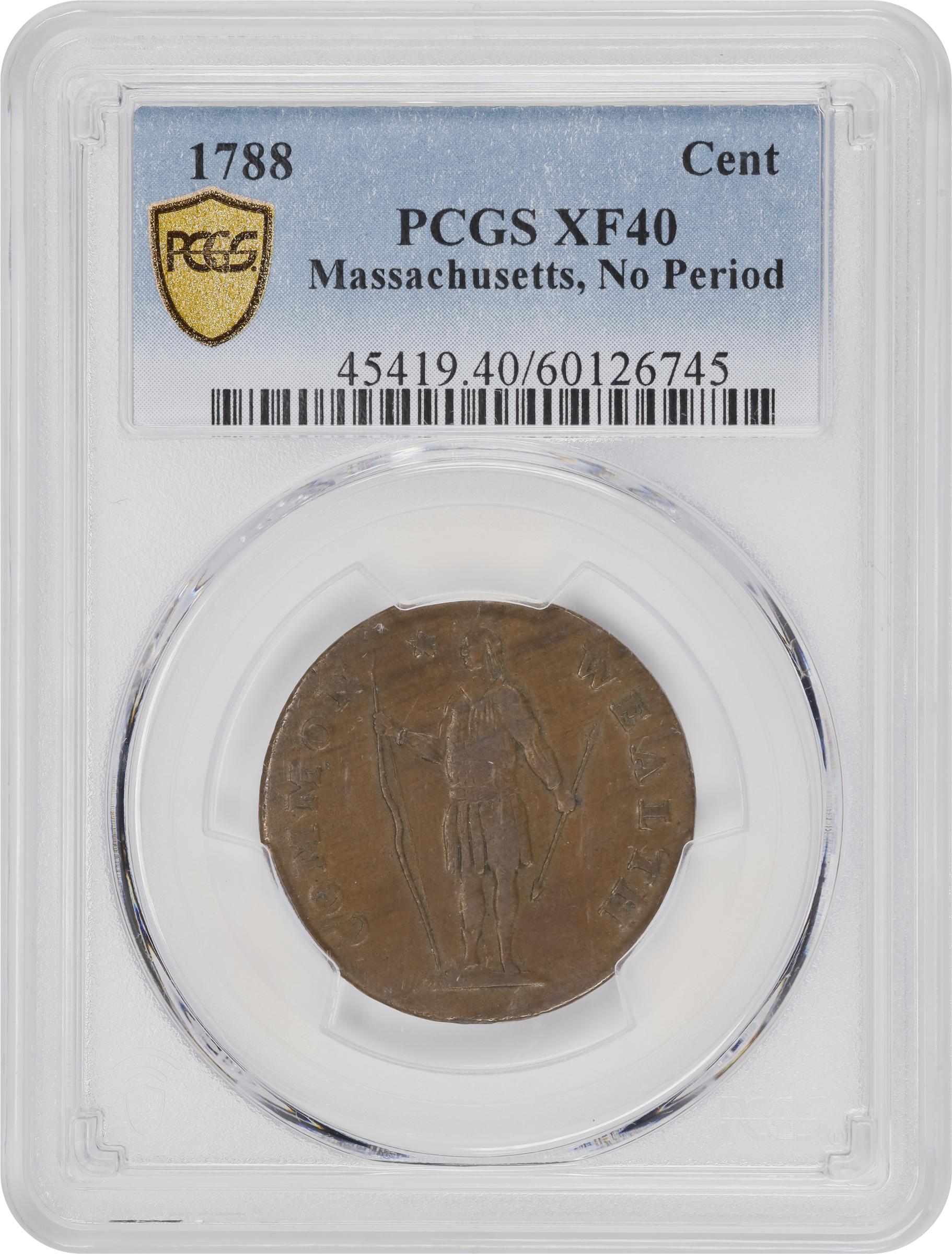 image for: 1788 Massachusetts Cent. Ryder 6-N, W-6240. Rarity-3-. No Period After MASSACHUSETTS. EF-40 (PCGS).