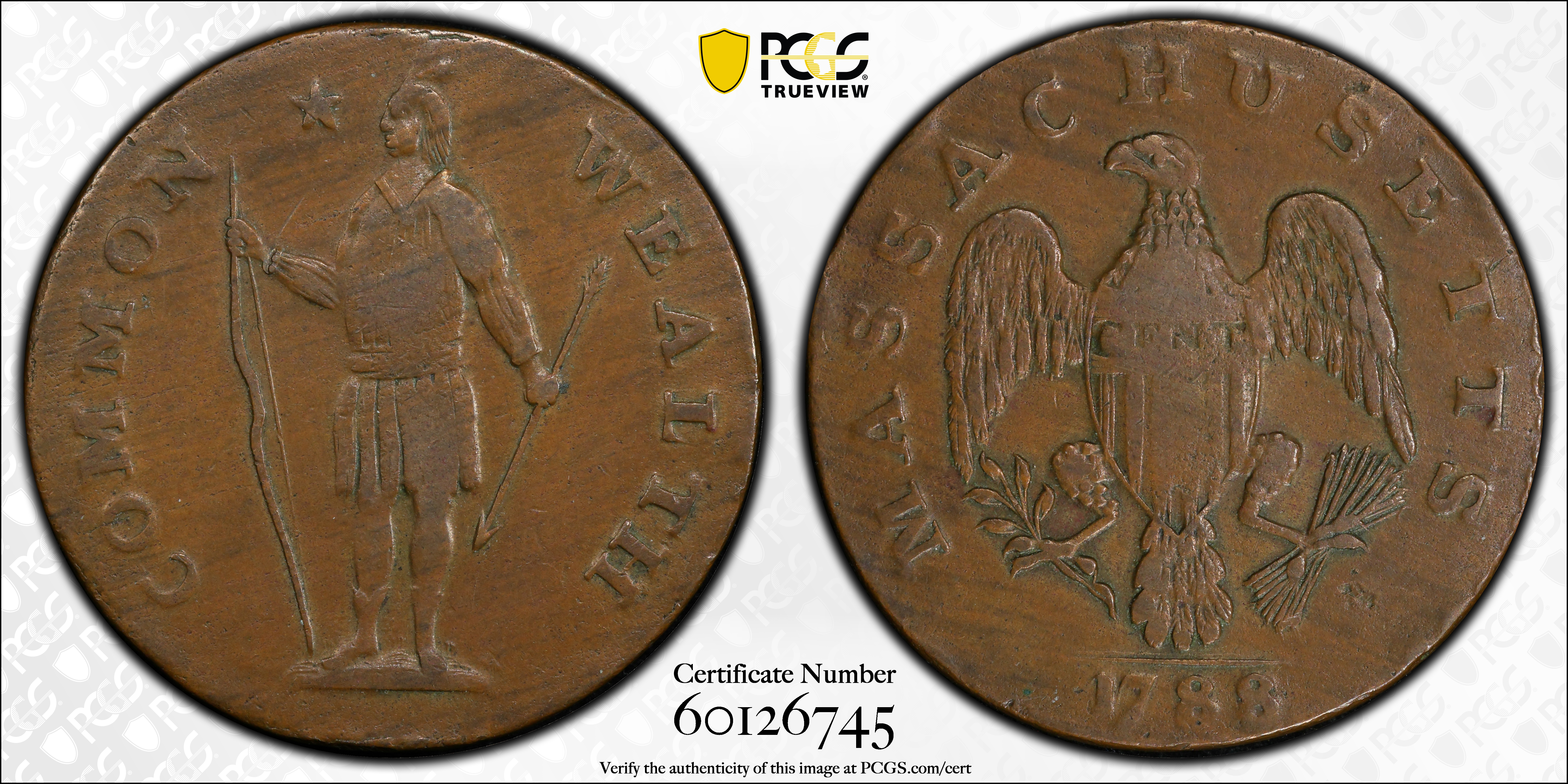 image for: 1788 Massachusetts Cent. Ryder 6-N, W-6240. Rarity-3-. No Period After MASSACHUSETTS. EF-40 (PCGS).