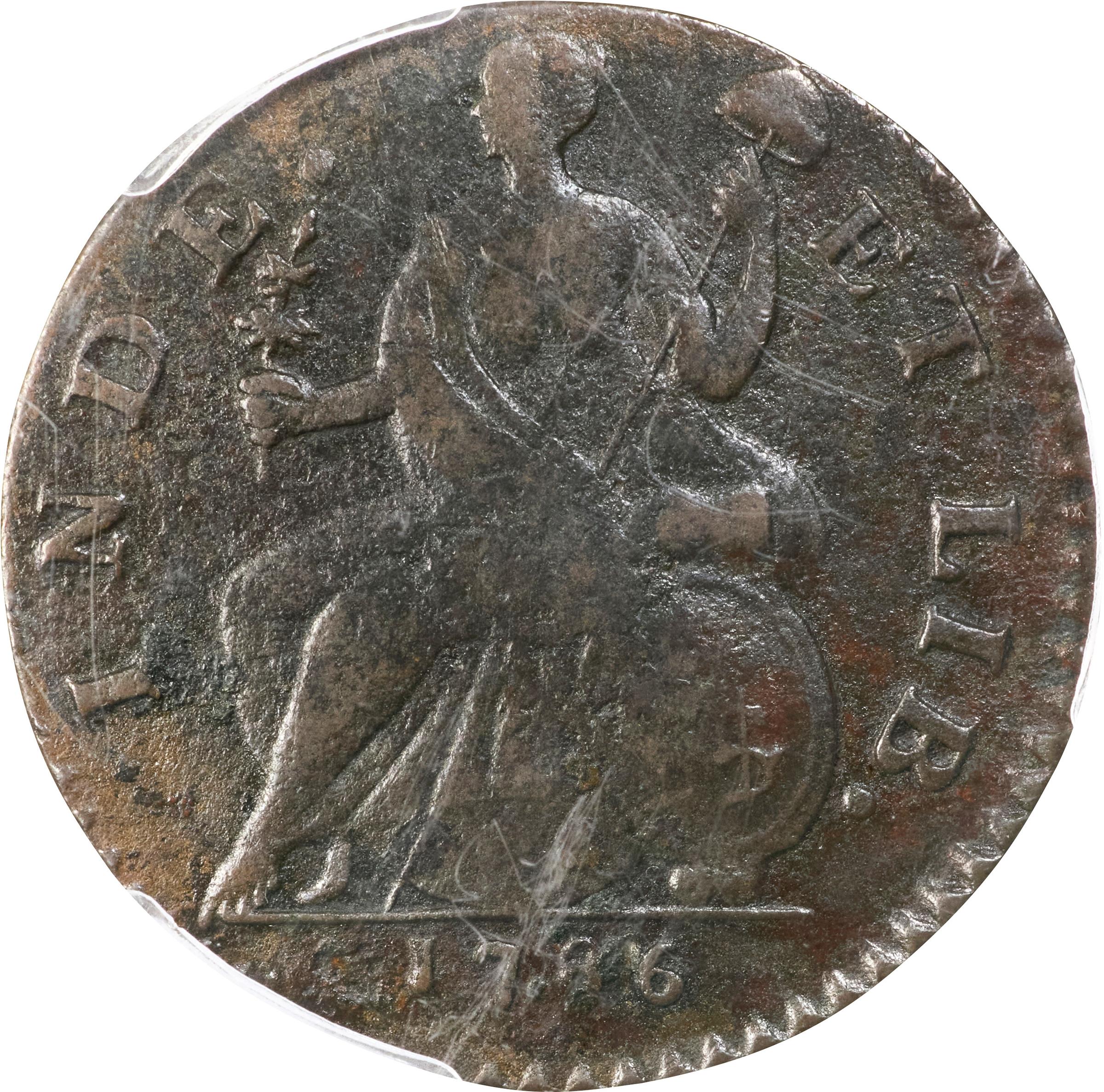 image for: 1786 Connecticut Copper. Miller 3-D.1, W-2510. Rarity-5-. Mailed Bust Right, Scholar's Head. EF Details--Environmental Damage (PCGS).