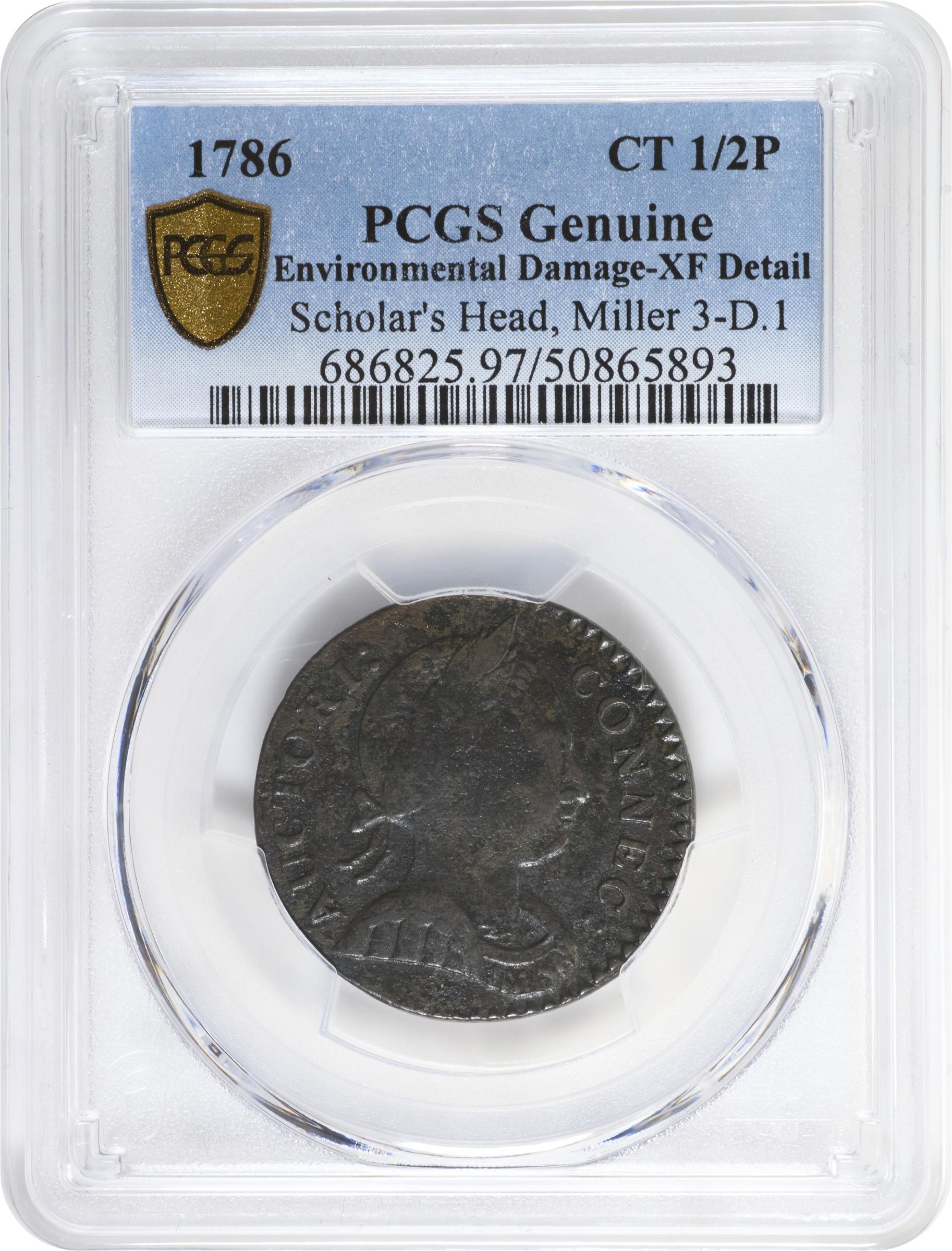 image for: 1786 Connecticut Copper. Miller 3-D.1, W-2510. Rarity-5-. Mailed Bust Right, Scholar's Head. EF Details--Environmental Damage (PCGS).