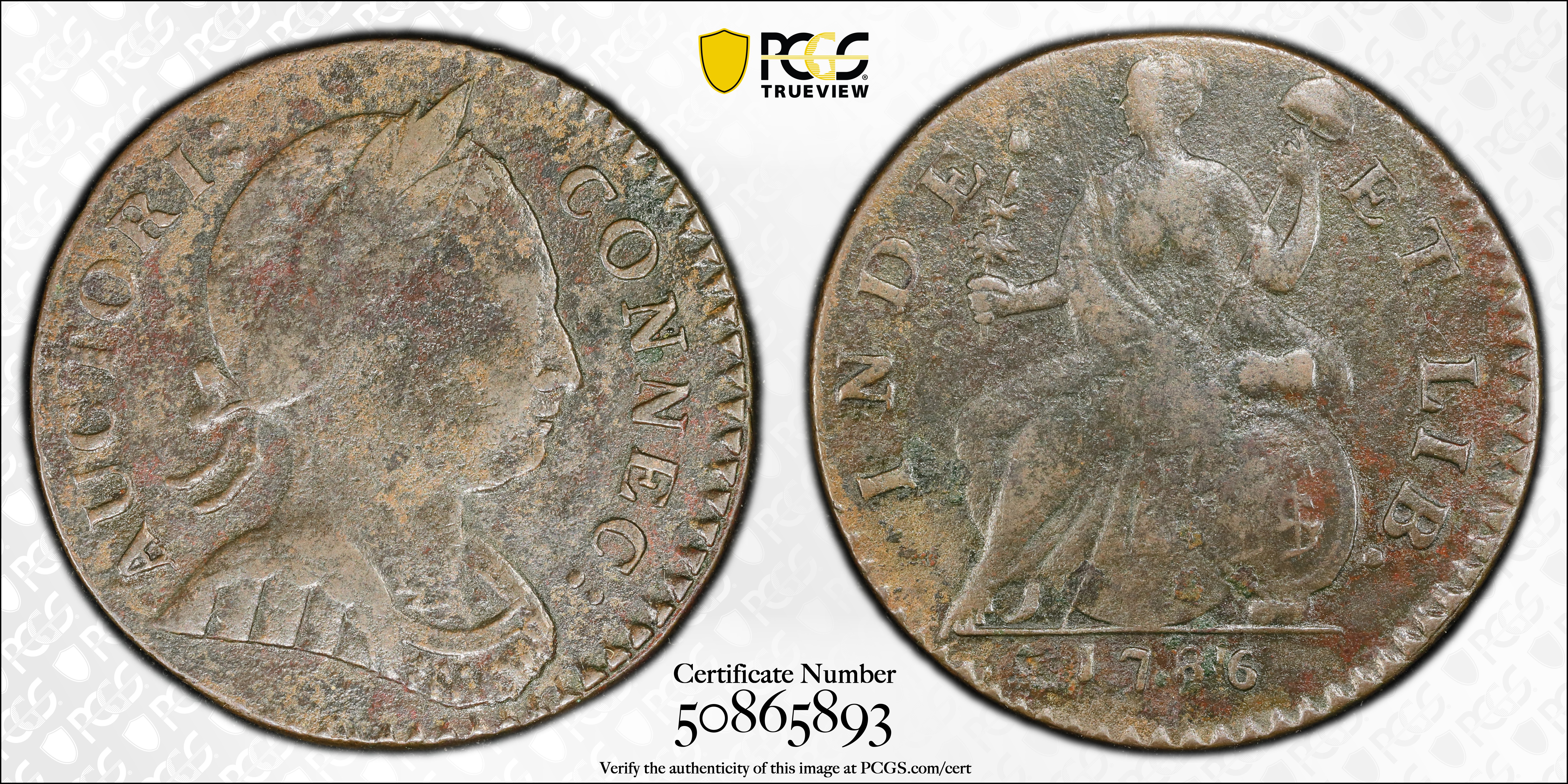 image for: 1786 Connecticut Copper. Miller 3-D.1, W-2510. Rarity-5-. Mailed Bust Right, Scholar's Head. EF Details--Environmental Damage (PCGS).