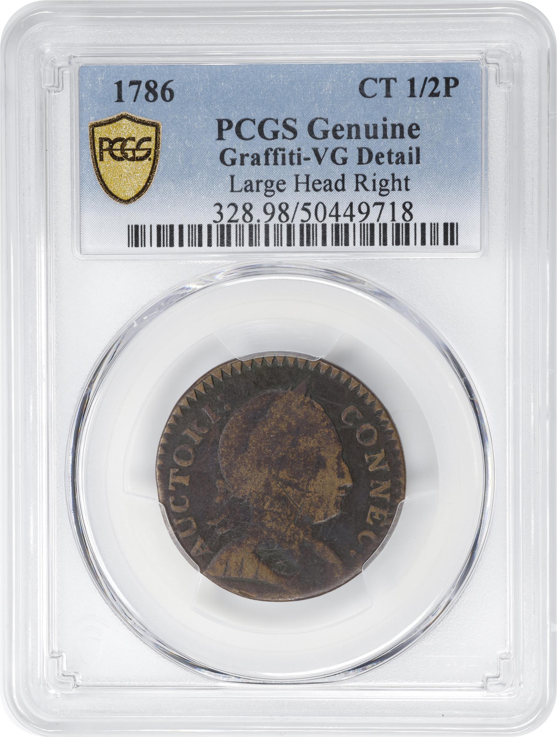 image for: 1786 Connecticut Copper. Miller 3-D.1, W-2510. Rarity-5-. Mailed Bust Right, Scholar's Head. VG Details--Graffiti (PCGS).