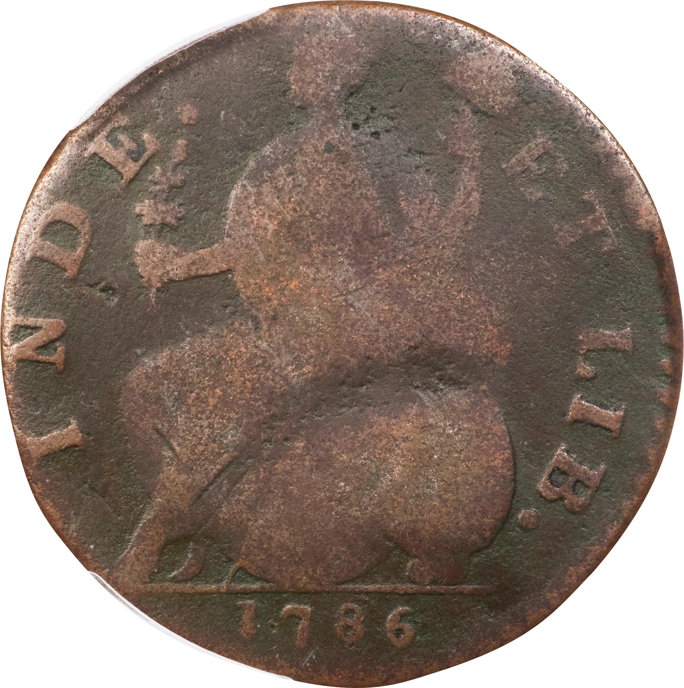 image for: 1786 Connecticut Copper. Miller 3-D.1, W-2510. Rarity-5-. Mailed Bust Right, Scholar's Head. Good-6 (PCGS).