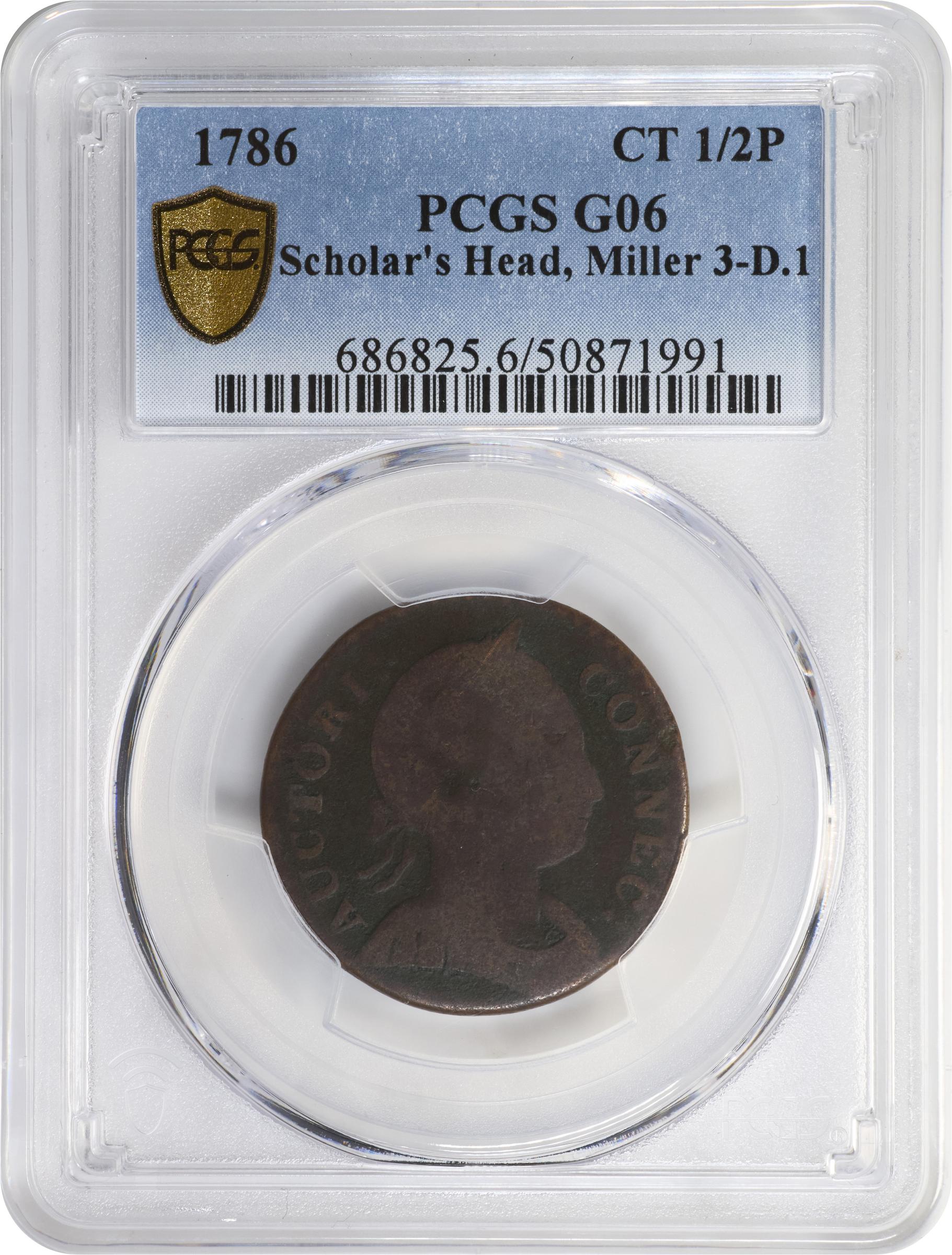 image for: 1786 Connecticut Copper. Miller 3-D.1, W-2510. Rarity-5-. Mailed Bust Right, Scholar's Head. Good-6 (PCGS).