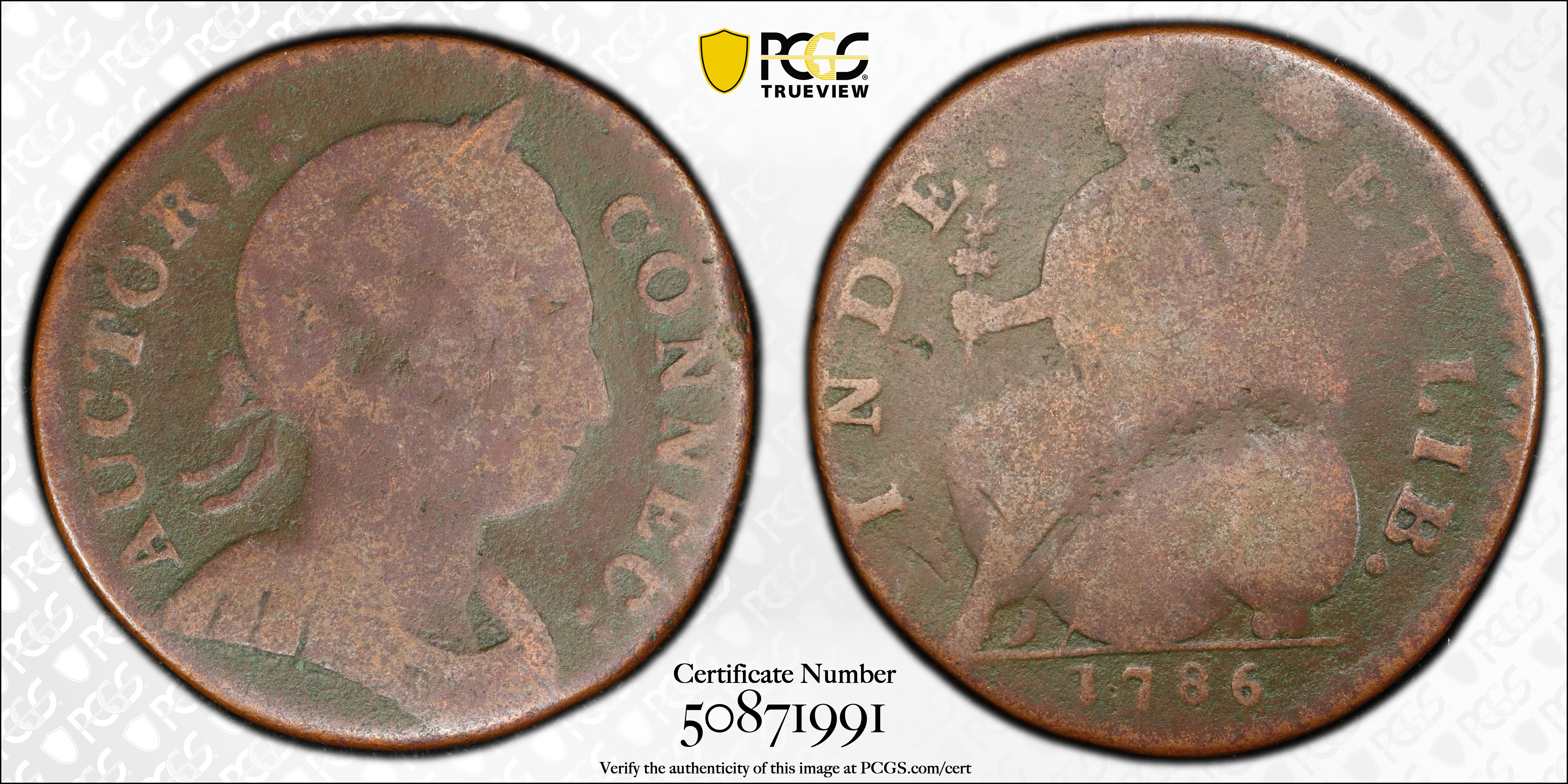 image for: 1786 Connecticut Copper. Miller 3-D.1, W-2510. Rarity-5-. Mailed Bust Right, Scholar's Head. Good-6 (PCGS).