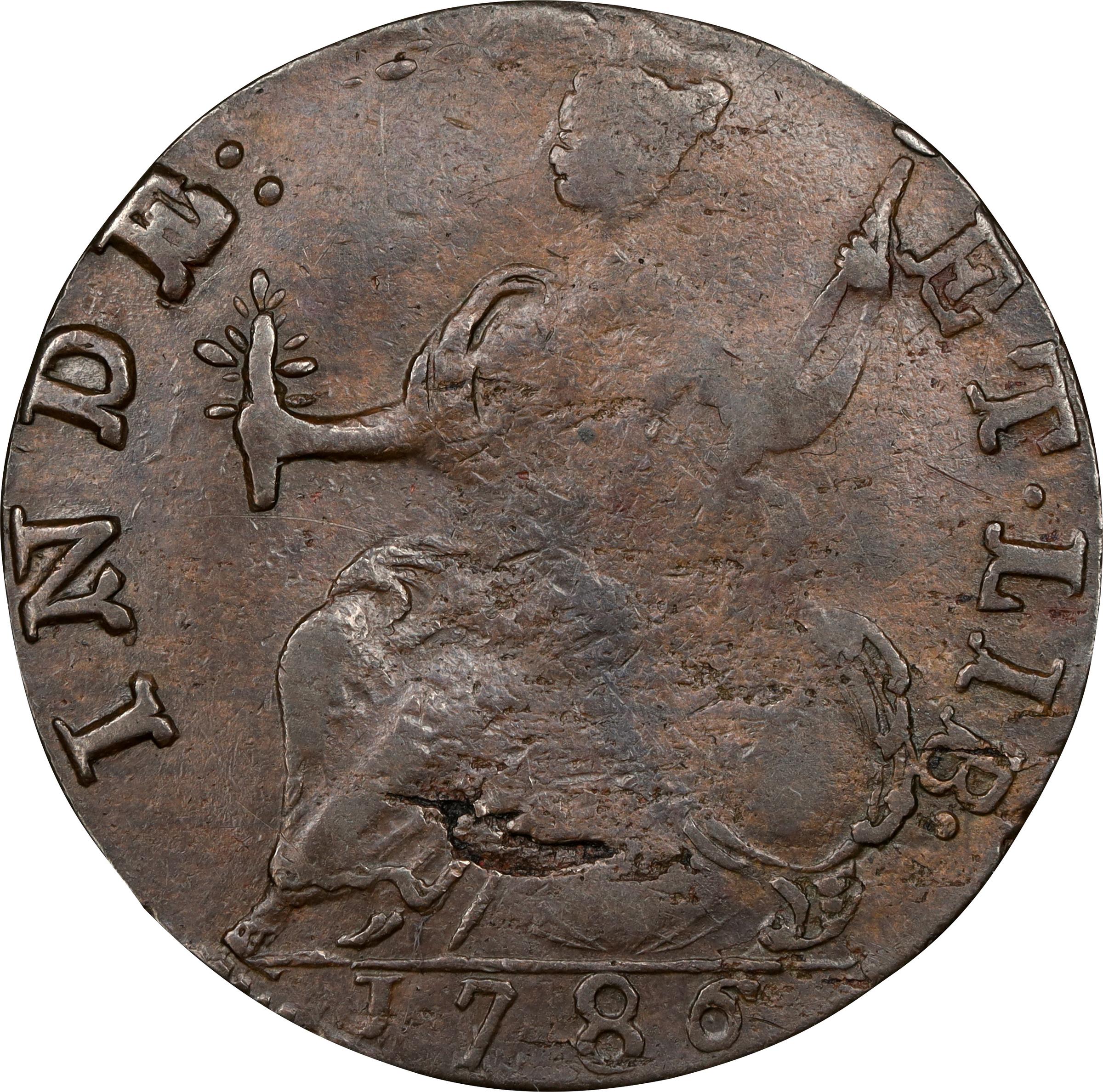 image for: 1786 Connecticut Copper. Miller 5.3-N, W-2575. Rarity-2. Mailed Bust Left, Hercules Head. EF Details--Scratch (PCGS).
