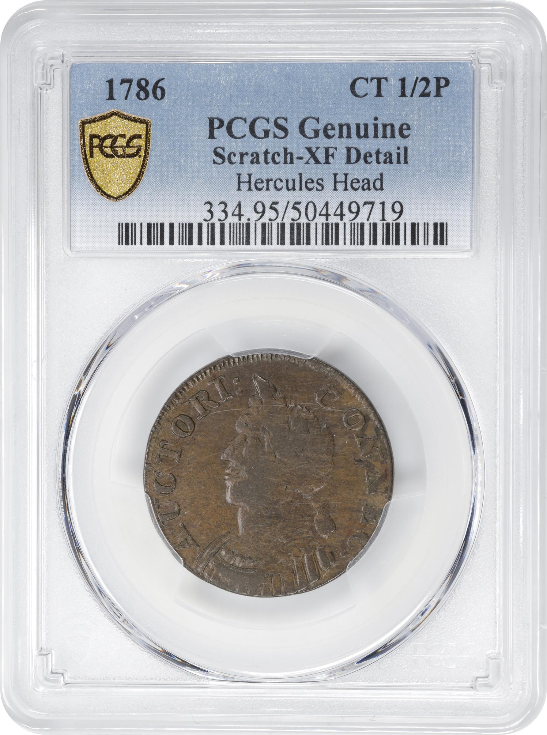 image for: 1786 Connecticut Copper. Miller 5.3-N, W-2575. Rarity-2. Mailed Bust Left, Hercules Head. EF Details--Scratch (PCGS).