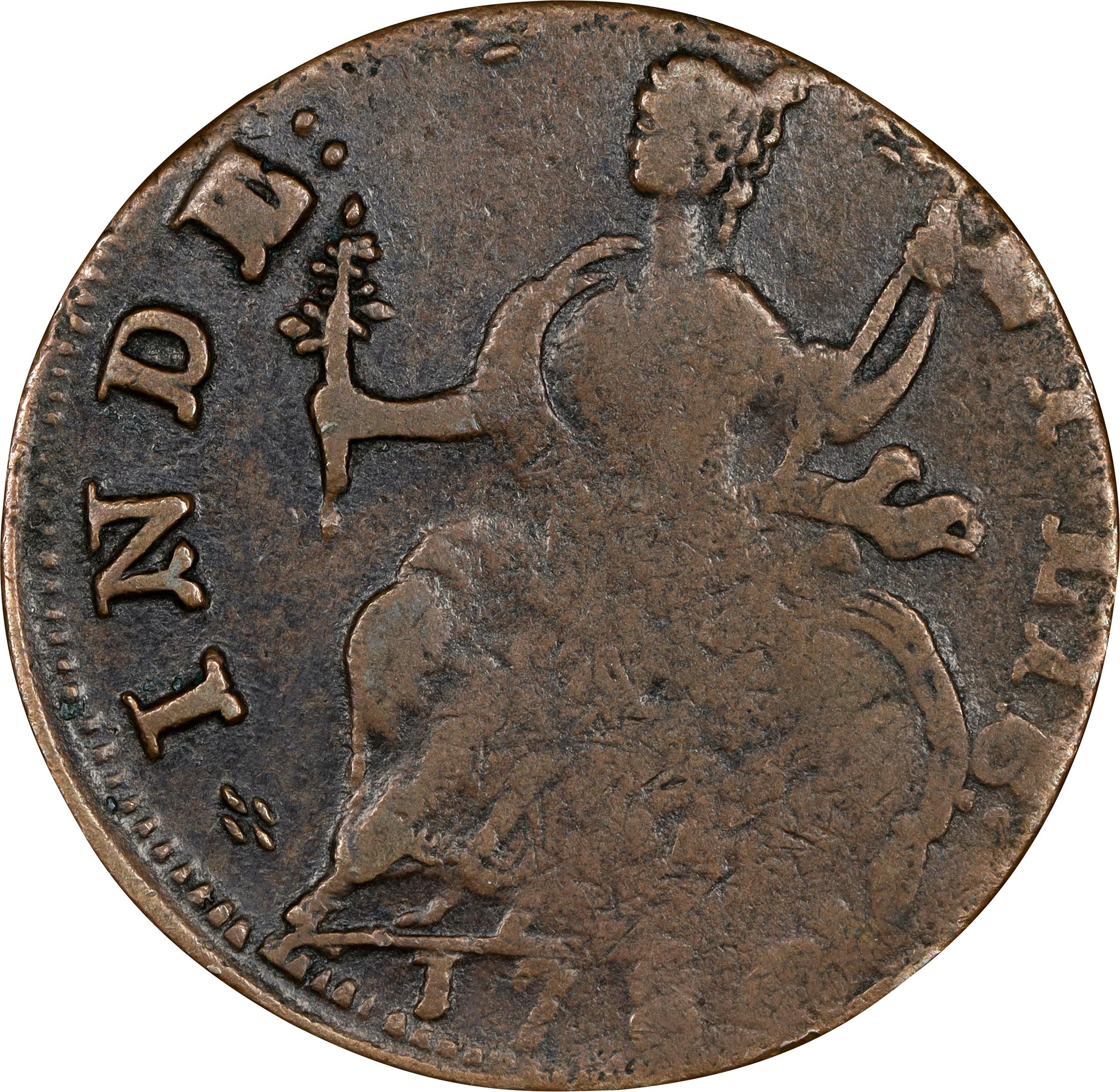 image for: 1786 Connecticut Copper. Miller 6-K, W-2690. Rarity-5. Draped Bust Left. Fine-15 (PCGS).