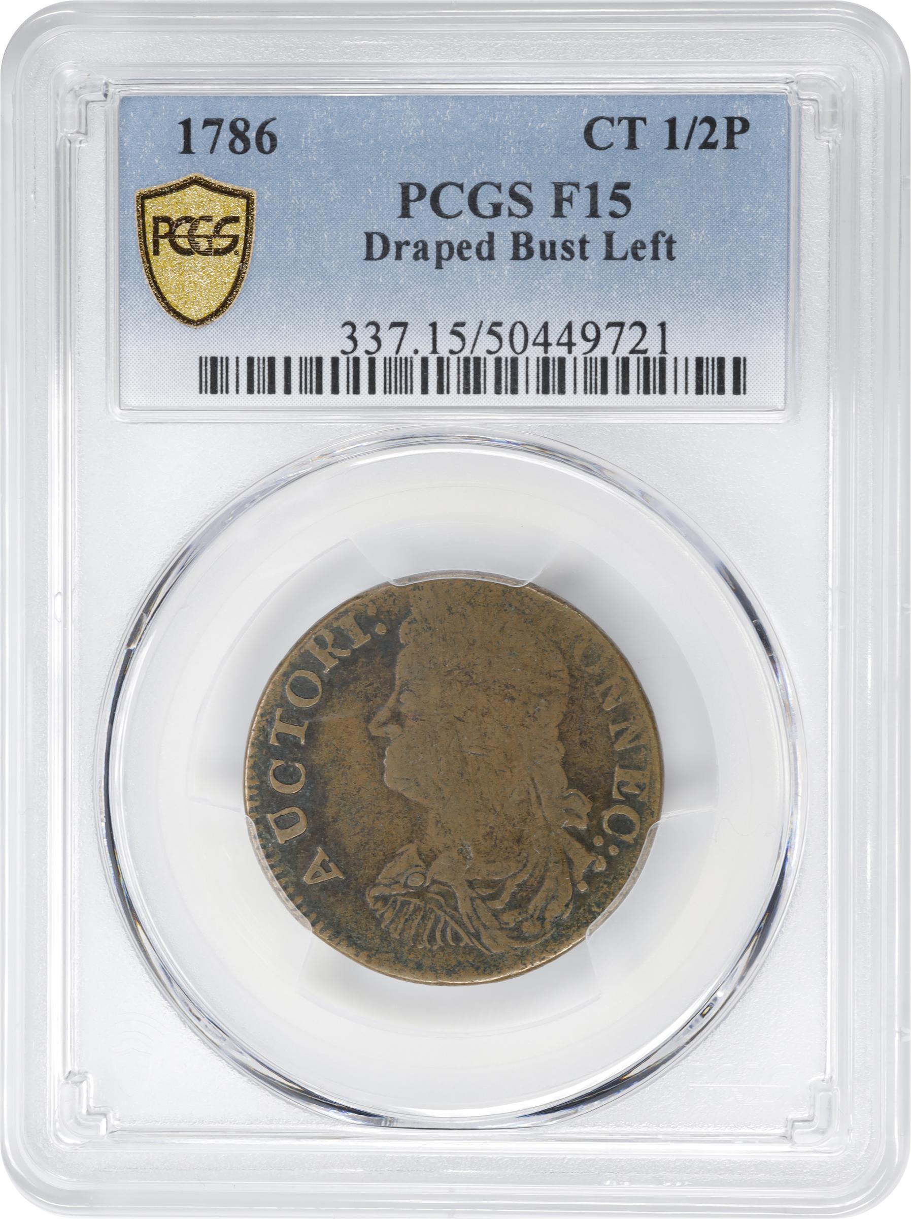 image for: 1786 Connecticut Copper. Miller 6-K, W-2690. Rarity-5. Draped Bust Left. Fine-15 (PCGS).