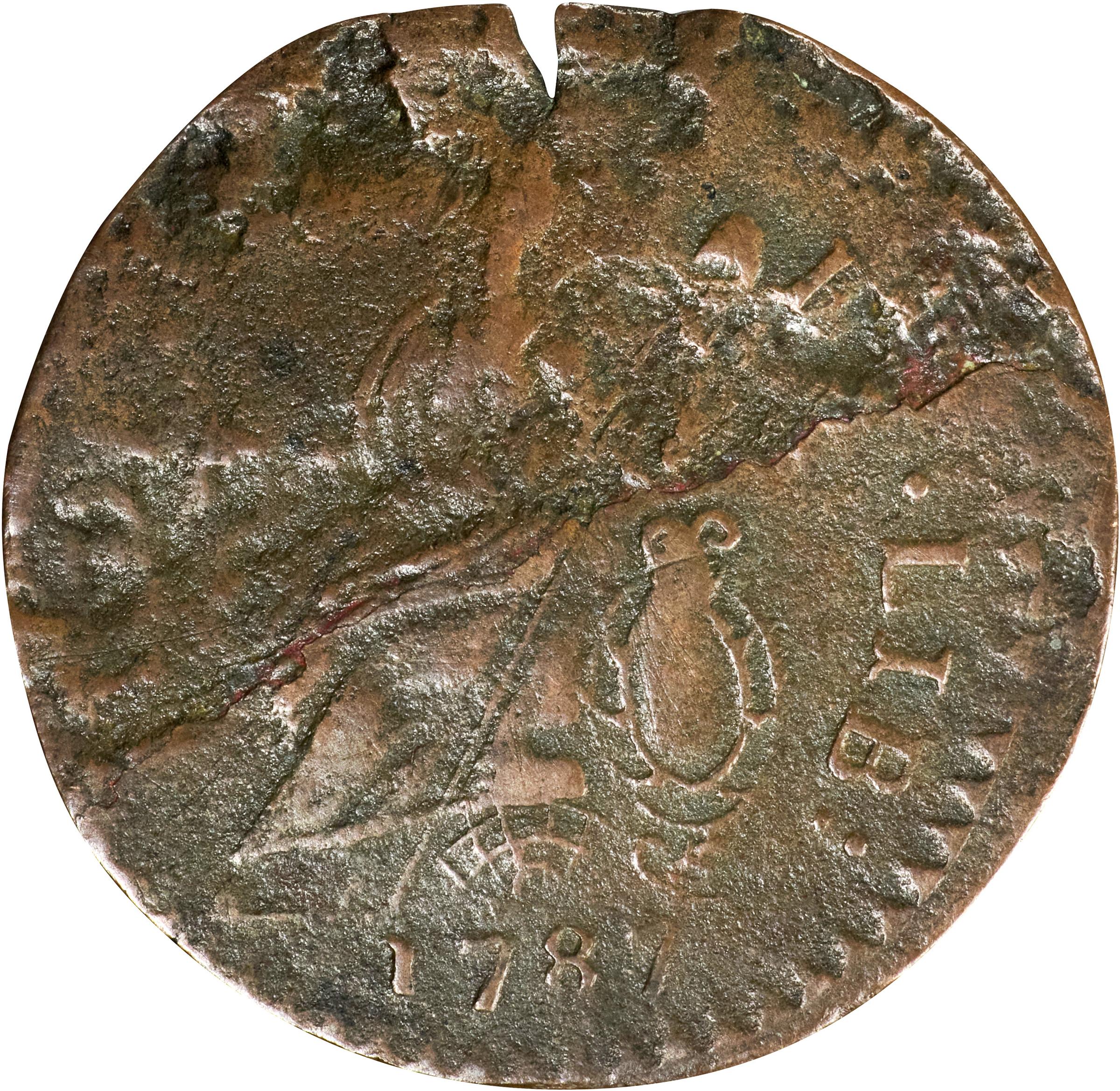 image for: 1787 Connecticut Copper. Miller 6.2-M, W-2825. Rarity-5-. Mailed Bust Left, Second Laughing Head. Lamination. Very Fine, Porous.