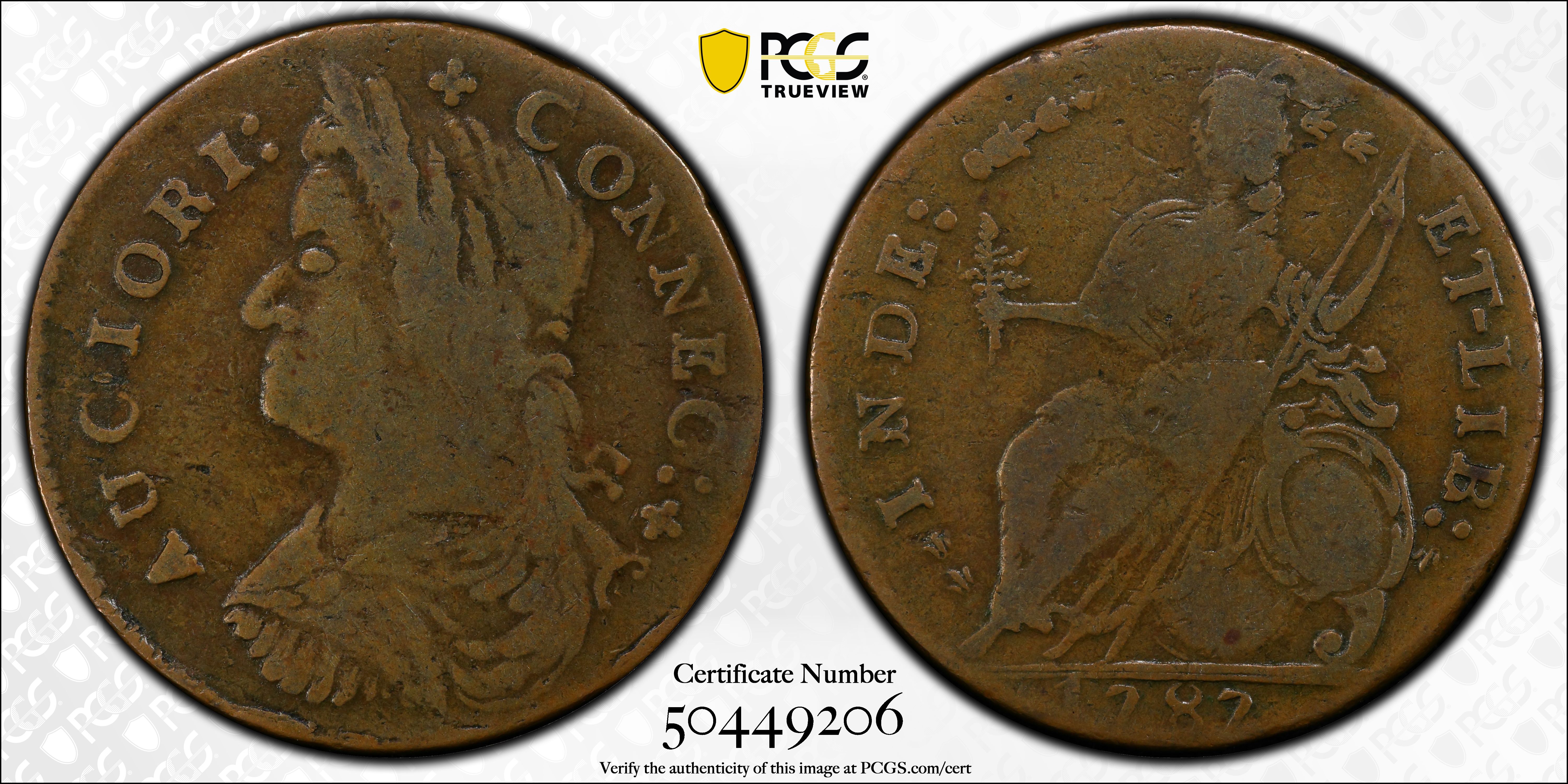 image for: 1787 Connecticut Copper. Miller 38-l.2, W-4200. Rarity-4. Draped Bust Left, AUCIORI. Fine-15 (PCGS).
