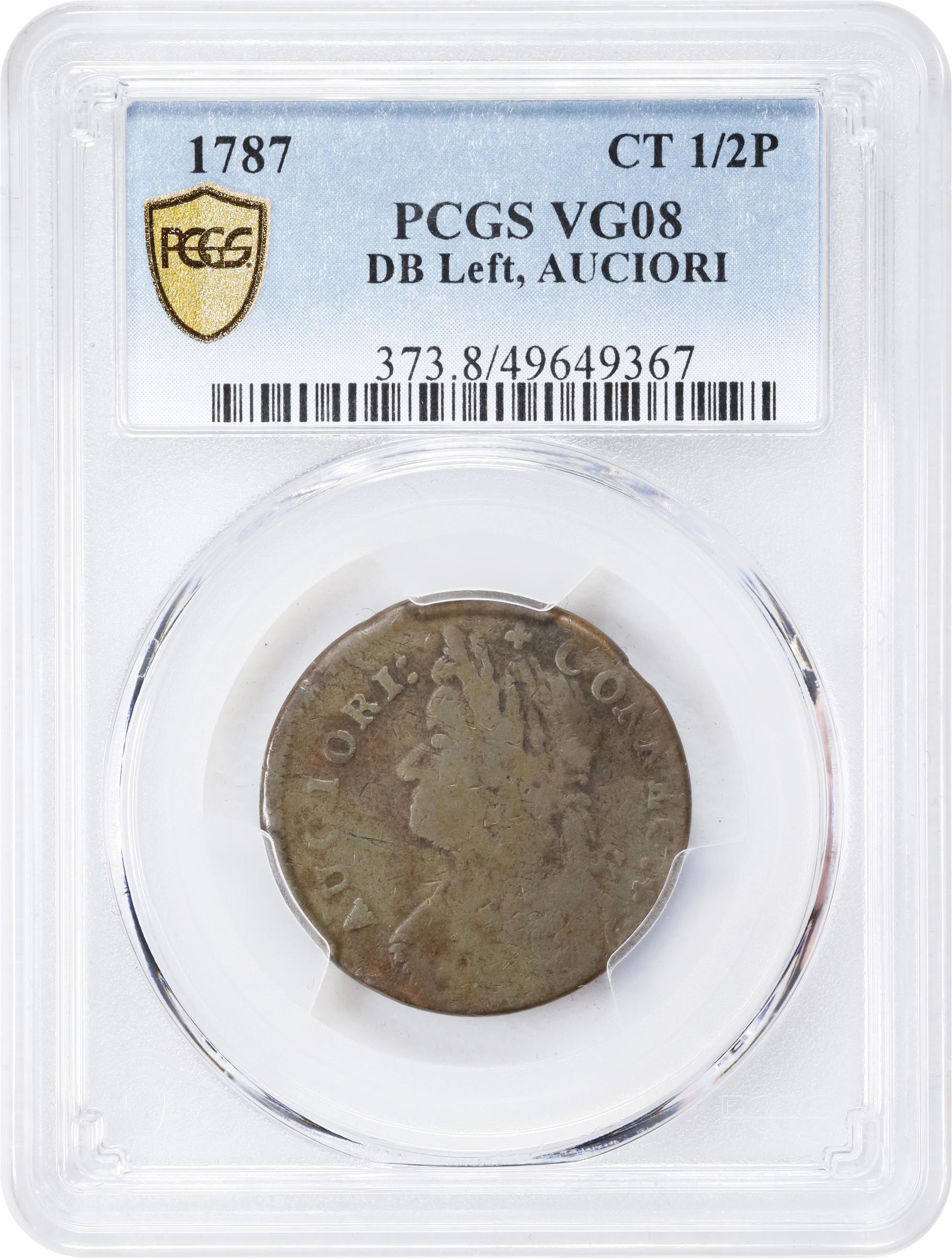 image for: 1787 Connecticut Copper. Miller 38-l.2, W-4200. Rarity-4. Draped Bust Left, AUCIORI. VG-8 (PCGS).