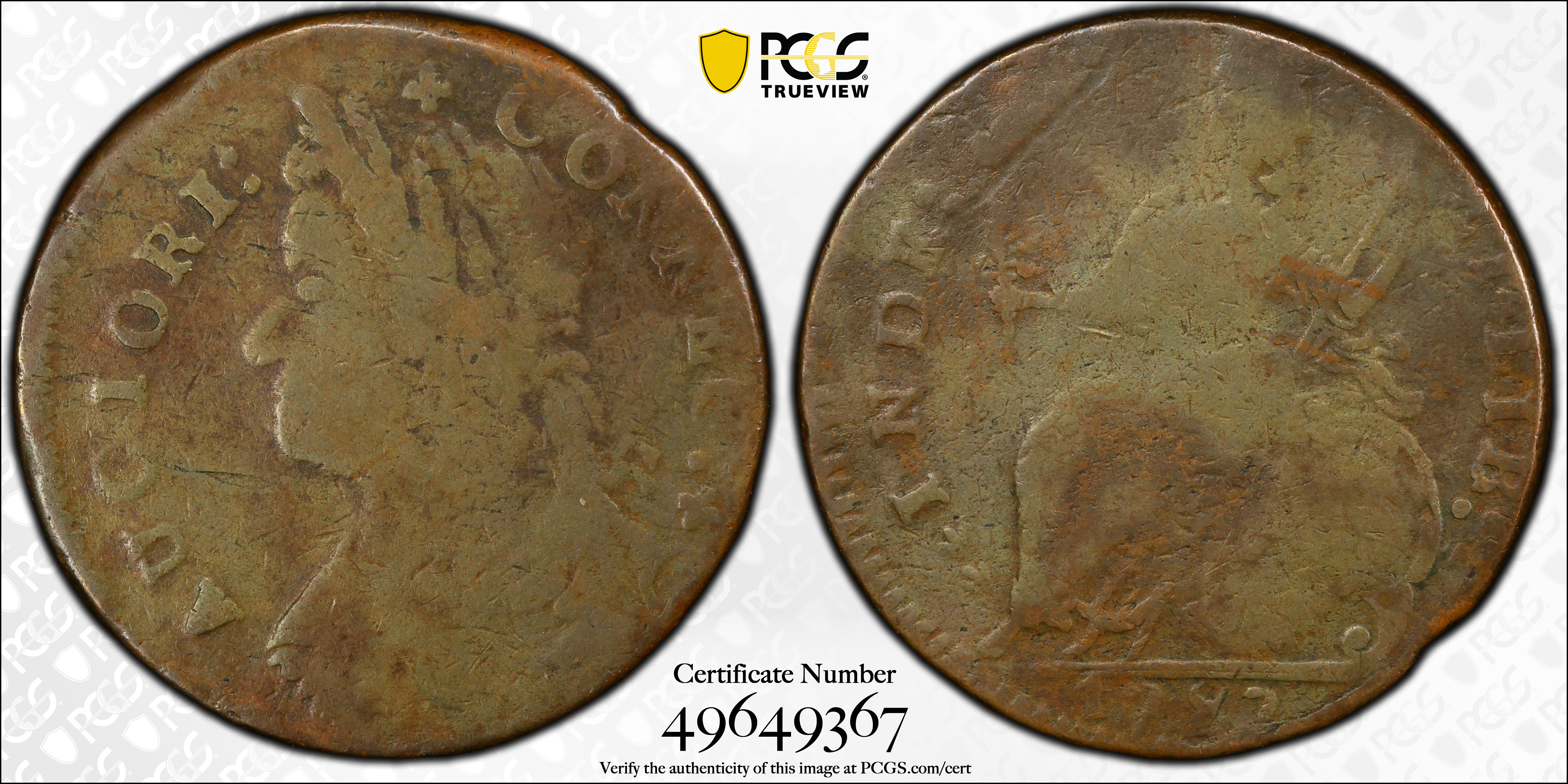 image for: 1787 Connecticut Copper. Miller 38-l.2, W-4200. Rarity-4. Draped Bust Left, AUCIORI. VG-8 (PCGS).
