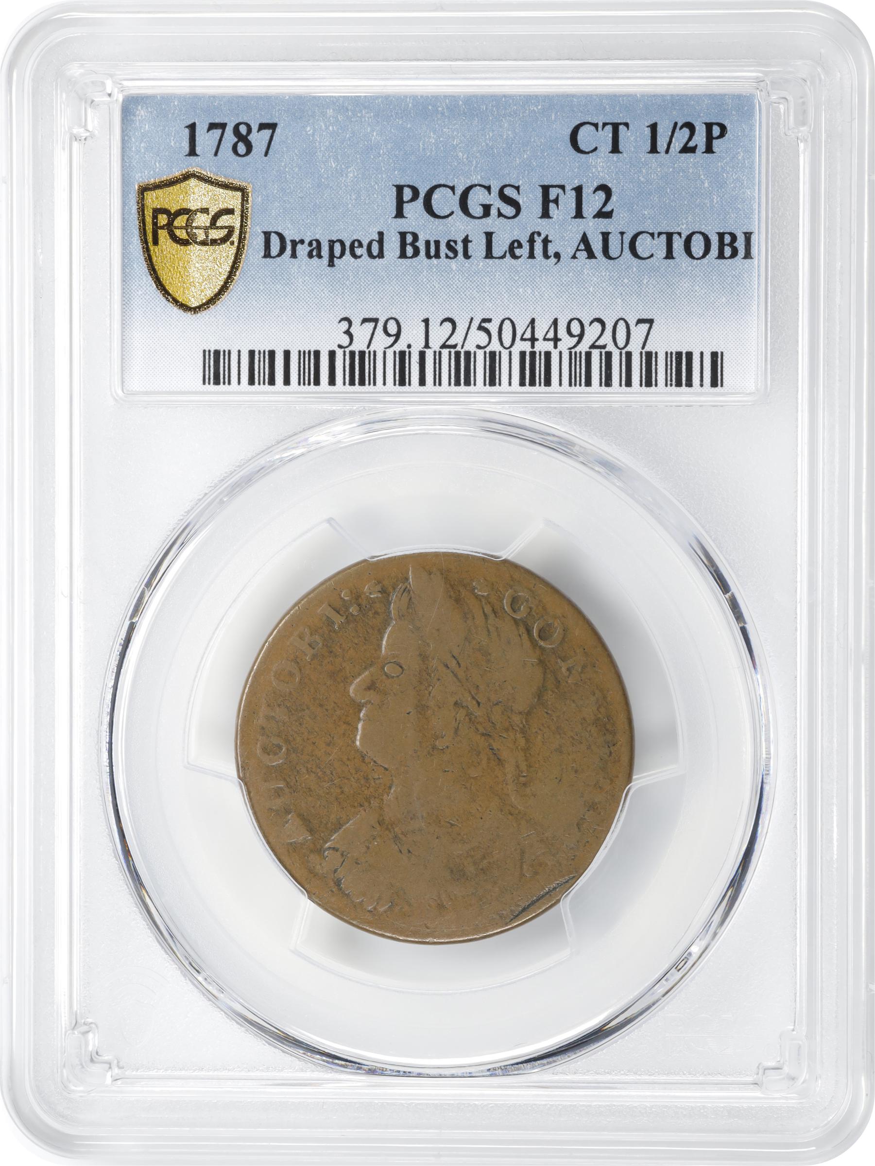 image for: 1787 Connecticut Copper. Miller 39.2-ee, W-4220. Rarity-5-. Draped Bust Left, AUCTOBI / ETLIR. Fine-12 (PCGS).