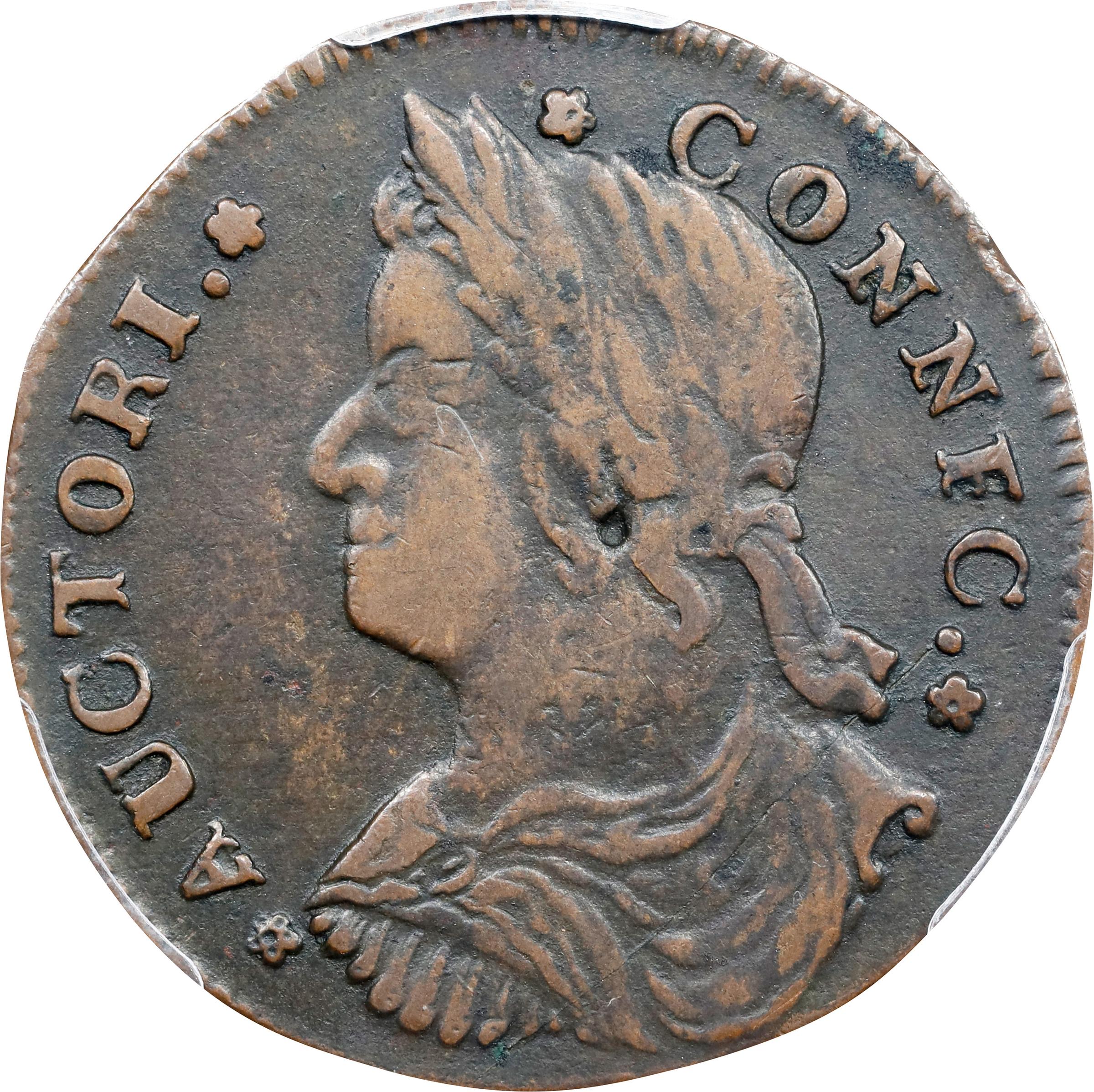 image for: 1787 Connecticut Copper. Miller 43.1-Y, W-4250. Rarity-2. Draped Bust Left, CONNFC. VF Details--Environmental Damage (PCGS).