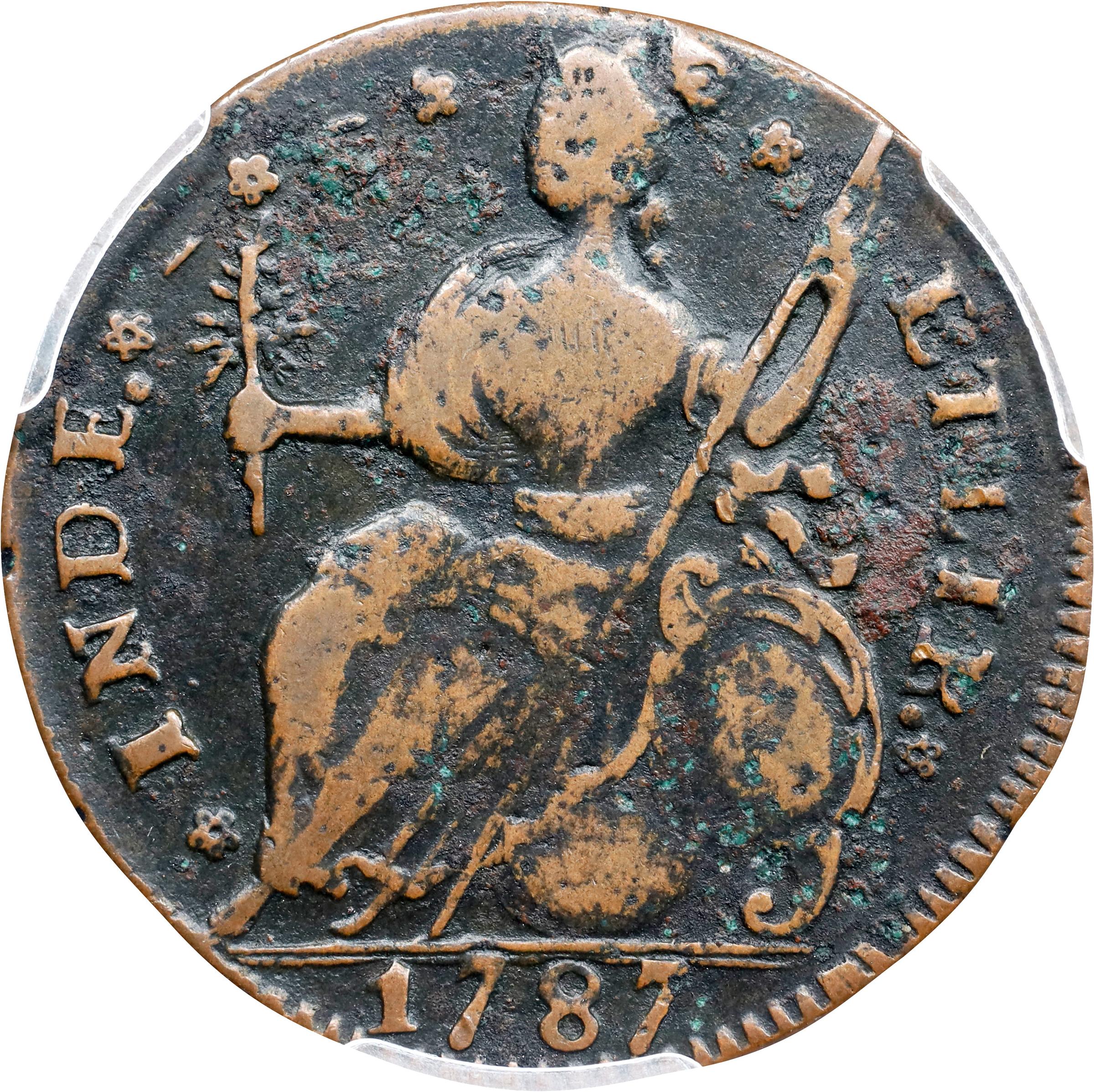 image for: 1787 Connecticut Copper. Miller 43.1-Y, W-4250. Rarity-2. Draped Bust Left, CONNFC. VF Details--Environmental Damage (PCGS).