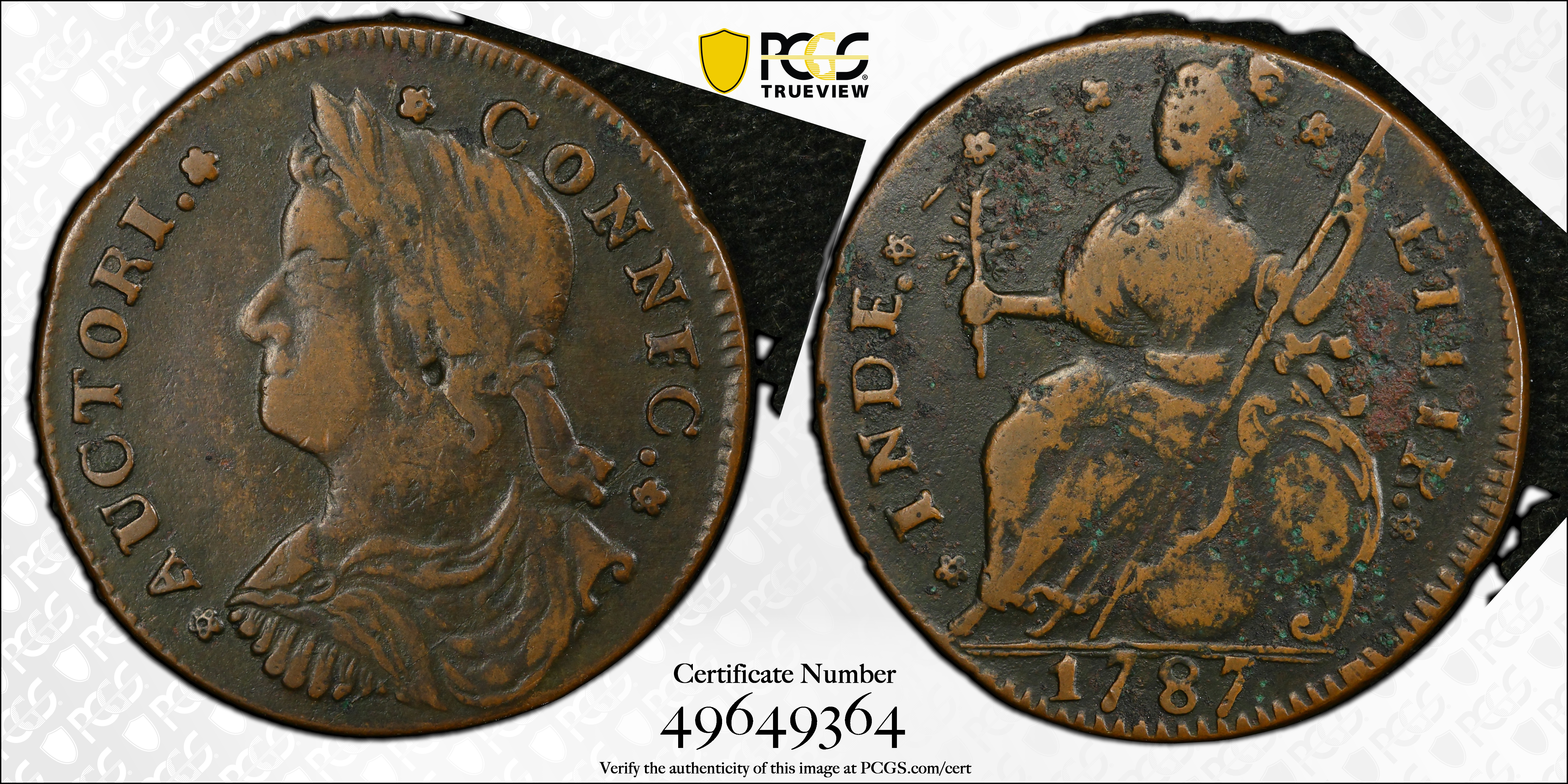 image for: 1787 Connecticut Copper. Miller 43.1-Y, W-4250. Rarity-2. Draped Bust Left, CONNFC. VF Details--Environmental Damage (PCGS).