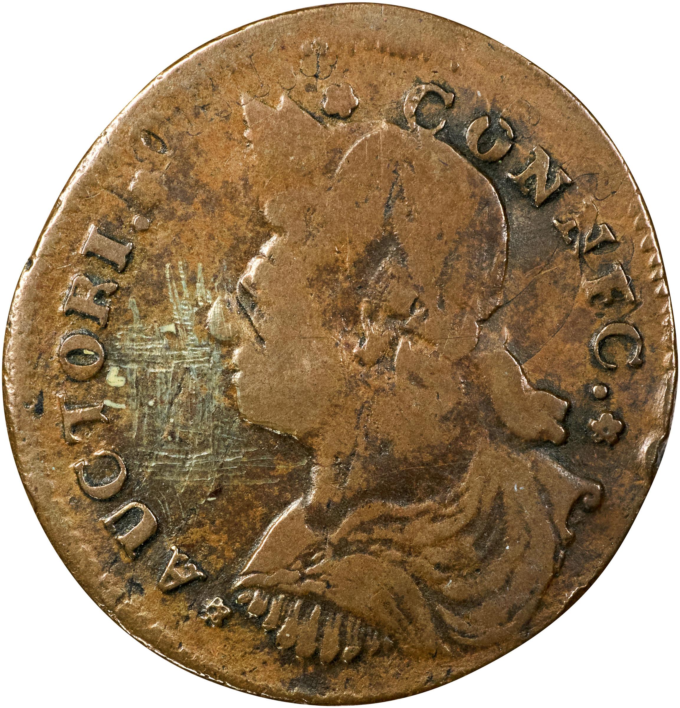 image for: 1787 Connecticut Copper. Miller 43.1-Y, W-4250. Rarity-2. Draped Bust Left, CONNFC. Double Struck. Fine, Tooled. Inked Attribution on Obverse.