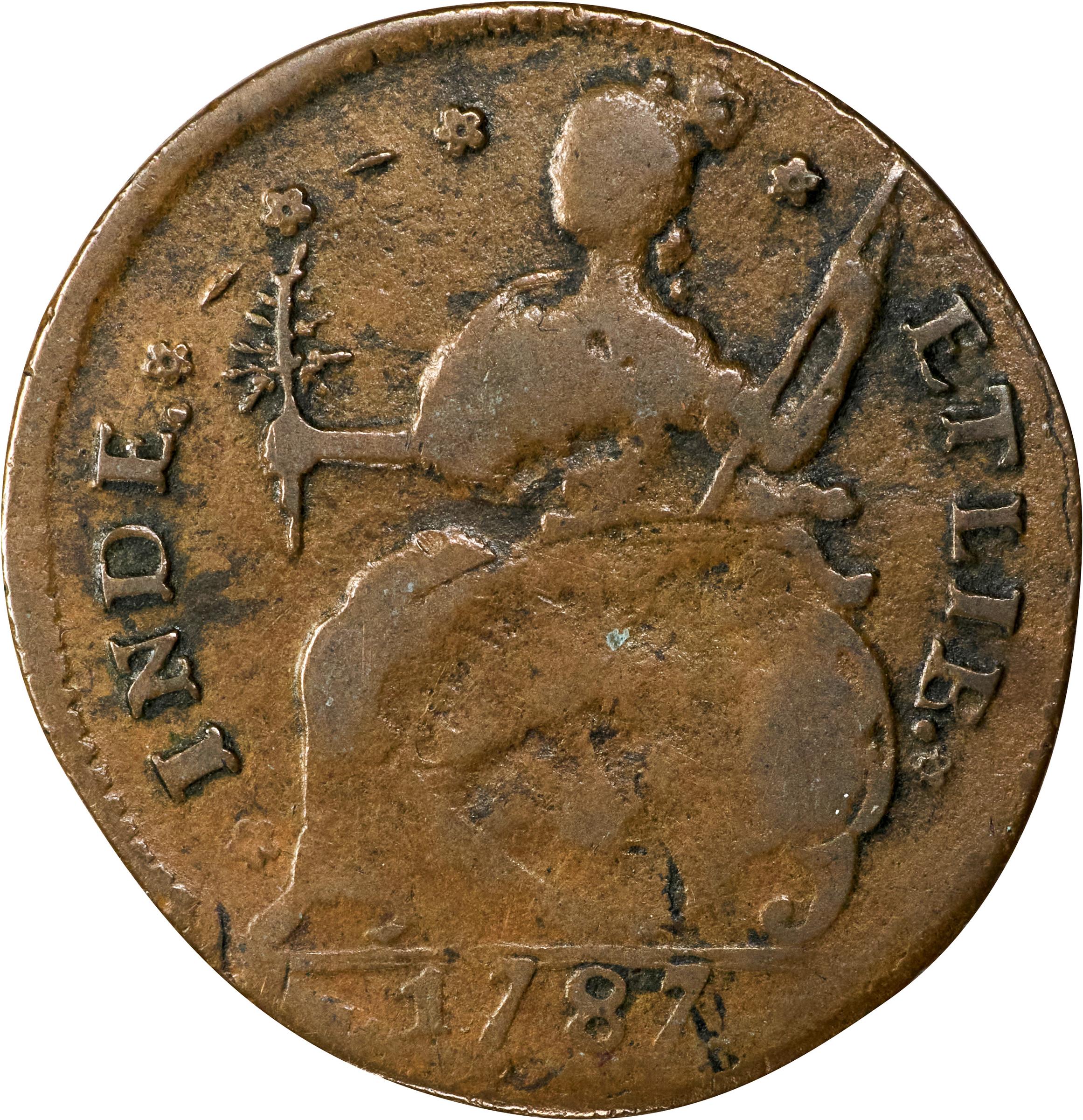 image for: 1787 Connecticut Copper. Miller 43.1-Y, W-4250. Rarity-2. Draped Bust Left, CONNFC. Double Struck. Fine, Tooled. Inked Attribution on Obverse.