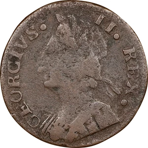 image for: 1747 Machin's Mills Halfpenny. Vlack 1-47A, W-7660. Rarity-5. GEORGIVS II, Group II. VF Details--Corrosion Removed (PCGS).