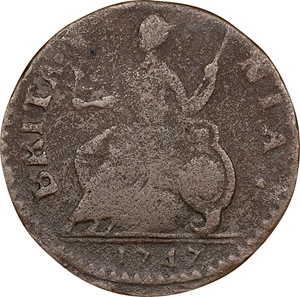 image for: 1747 Machin's Mills Halfpenny. Vlack 1-47A, W-7660. Rarity-5. GEORGIVS II, Group II. VF Details--Corrosion Removed (PCGS).