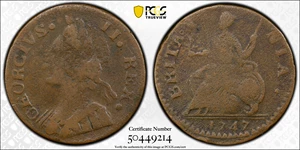 image for: 1747 Machin's Mills Halfpenny. Vlack 1-47A, W-7660. Rarity-5. GEORGIVS II, Group II. VF Details--Corrosion Removed (PCGS).