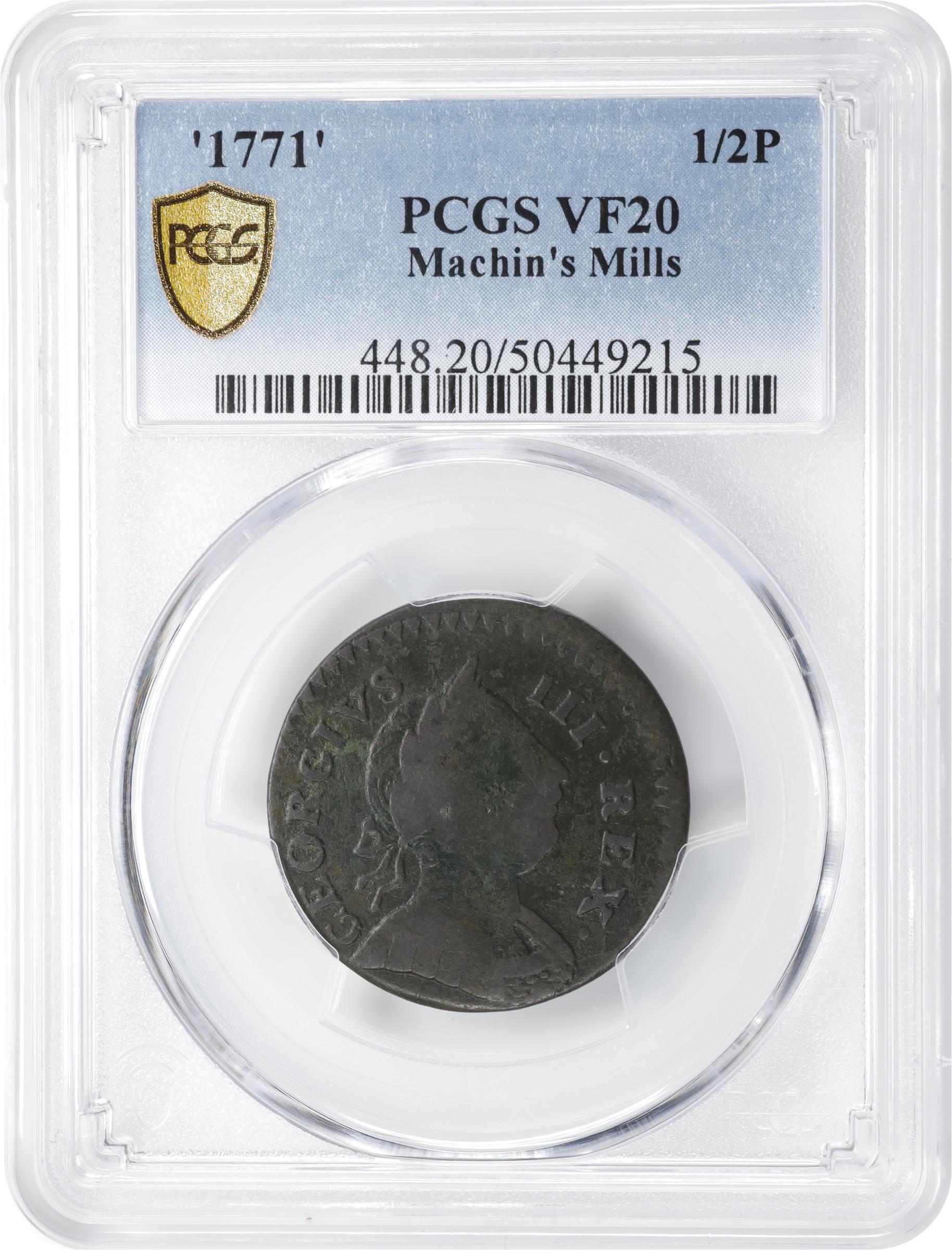 image for: 1771 Machin's Mills Halfpenny. Vlack 2-71A, W-7670. Rarity-4. GEORGIVS III, Group I. VF-20 (PCGS).