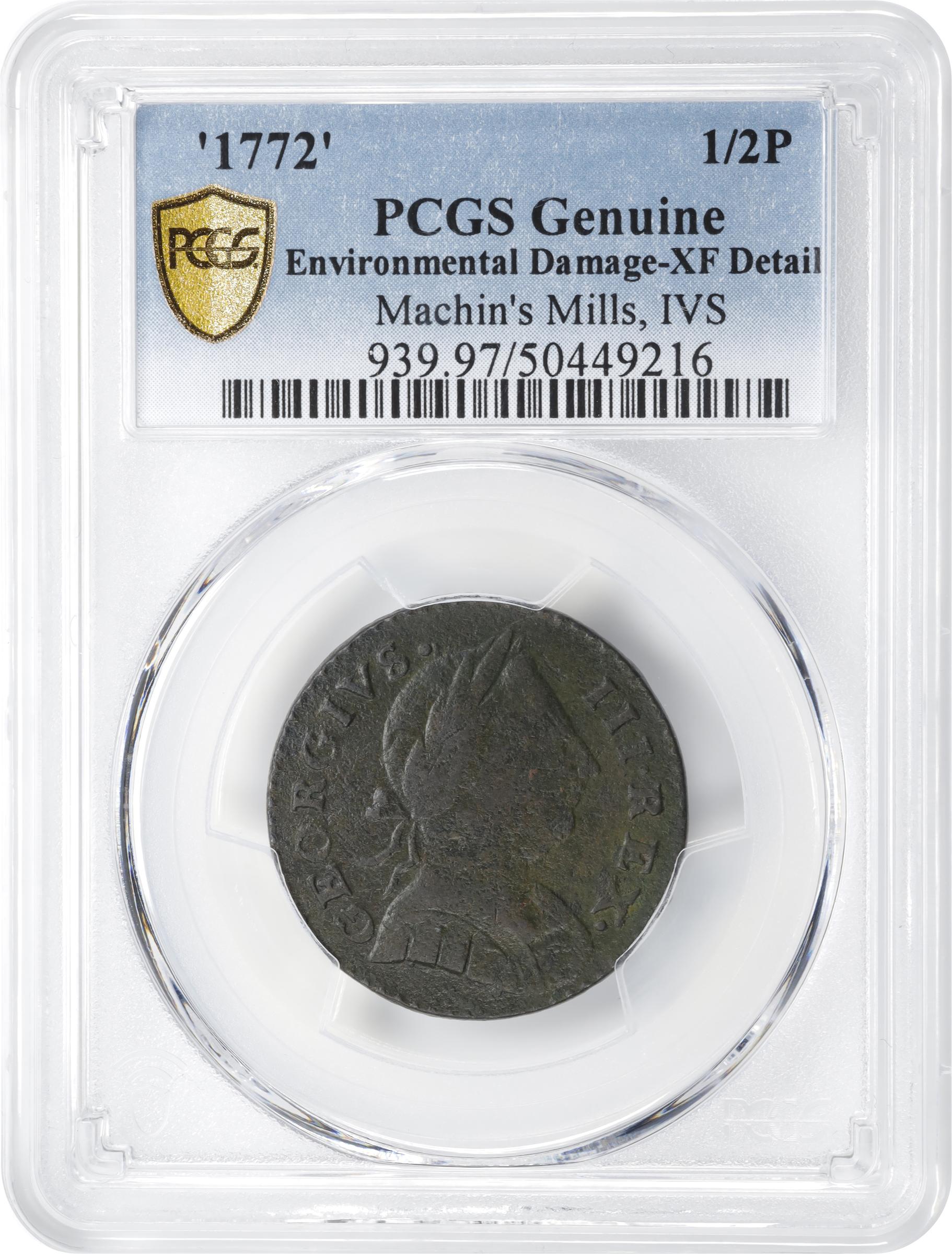 image for: 1772 Machin's Mills Halfpenny. Vlack 5-72A, W-7710. Rarity-6. GEORGIVS III, Group I. EF Details--Environmental Damage (PCGS).