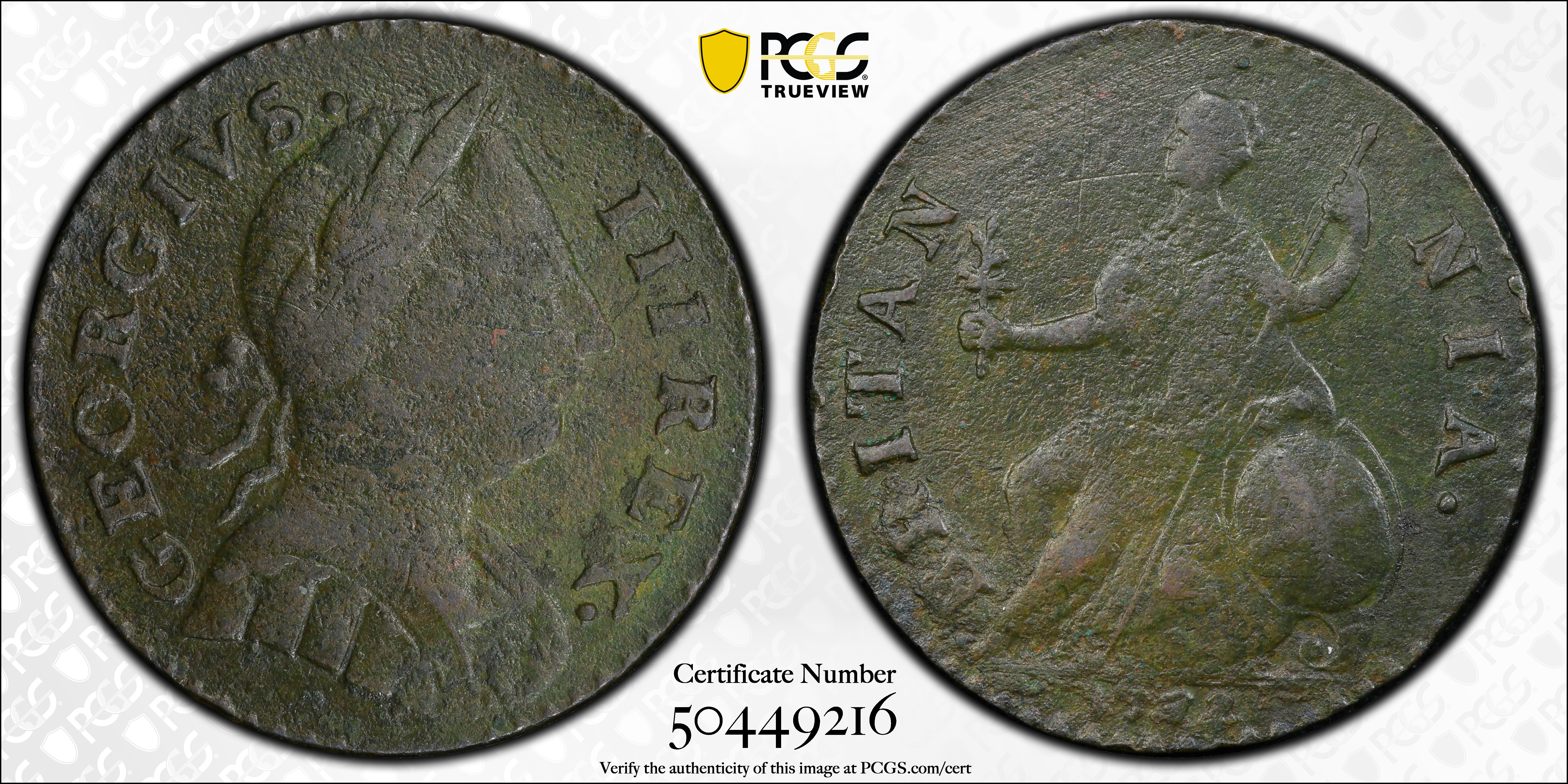 image for: 1772 Machin's Mills Halfpenny. Vlack 5-72A, W-7710. Rarity-6. GEORGIVS III, Group I. EF Details--Environmental Damage (PCGS).