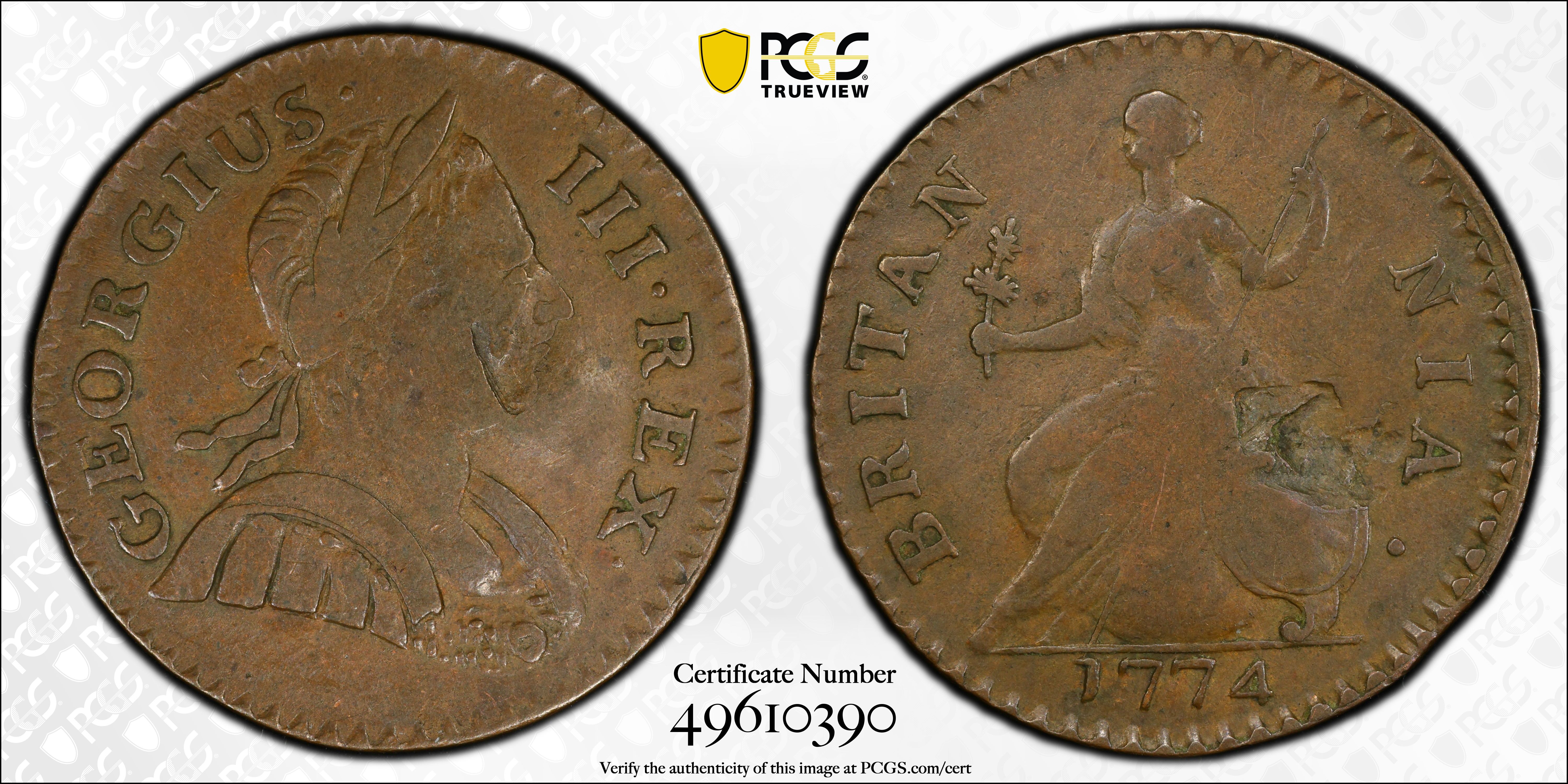 image for: 1774 Machin's Mills Halfpenny. Vlack 7-74A, W-7770. Rarity-6-. GEORGIUS III, Group I. EF Details--Damage (PCGS).