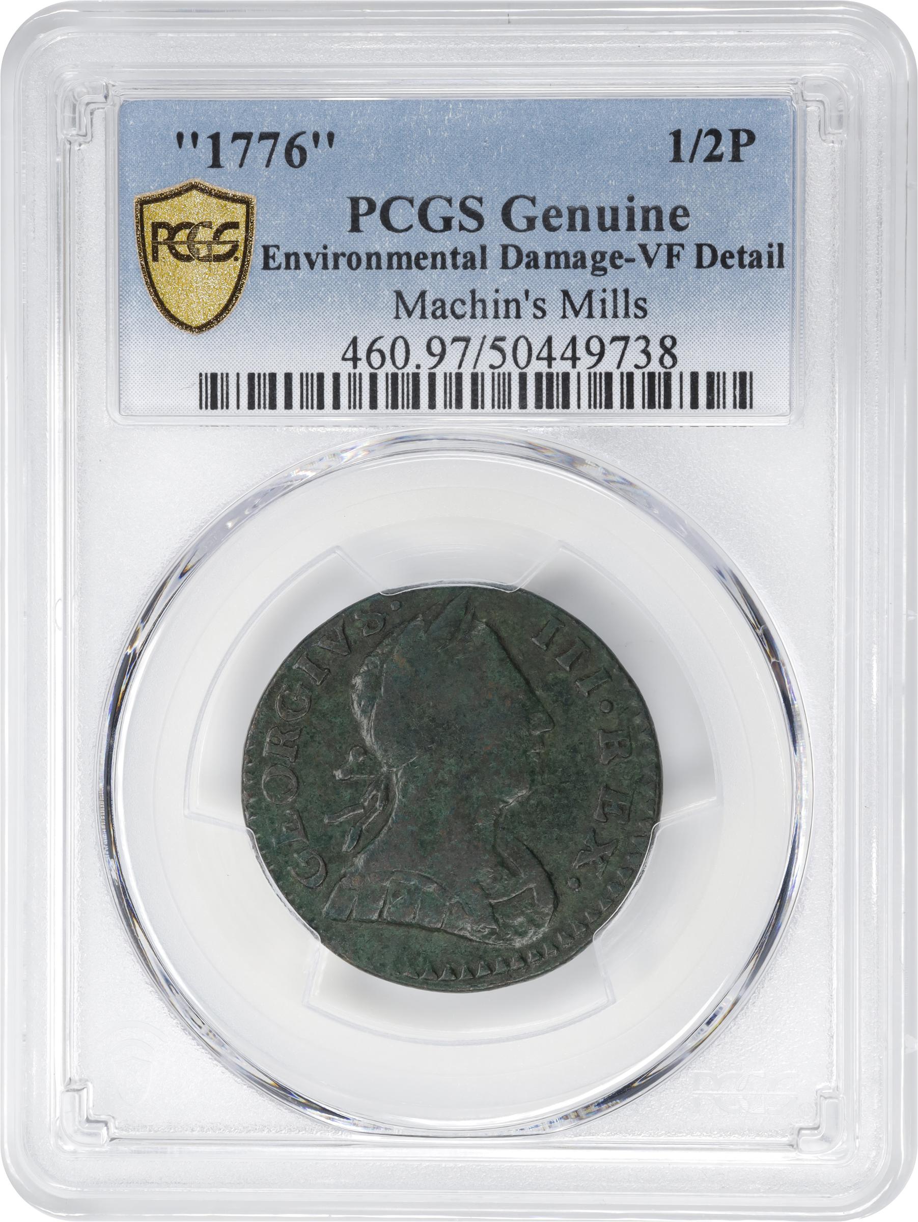 image for: 1776 Machin's Mills Halfpenny. Vlack 6-76A, W-7790. Rarity-4. GEORGIVS III, Group I, Large Date. VF Details--Environmental Damage (PCGS).