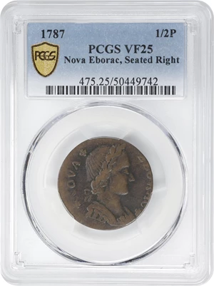 image for: 1787 Nova Eborac Copper. W-5760. Rarity-3. Medium Bust, Seated Figure Right. VF-25 (PCGS).
