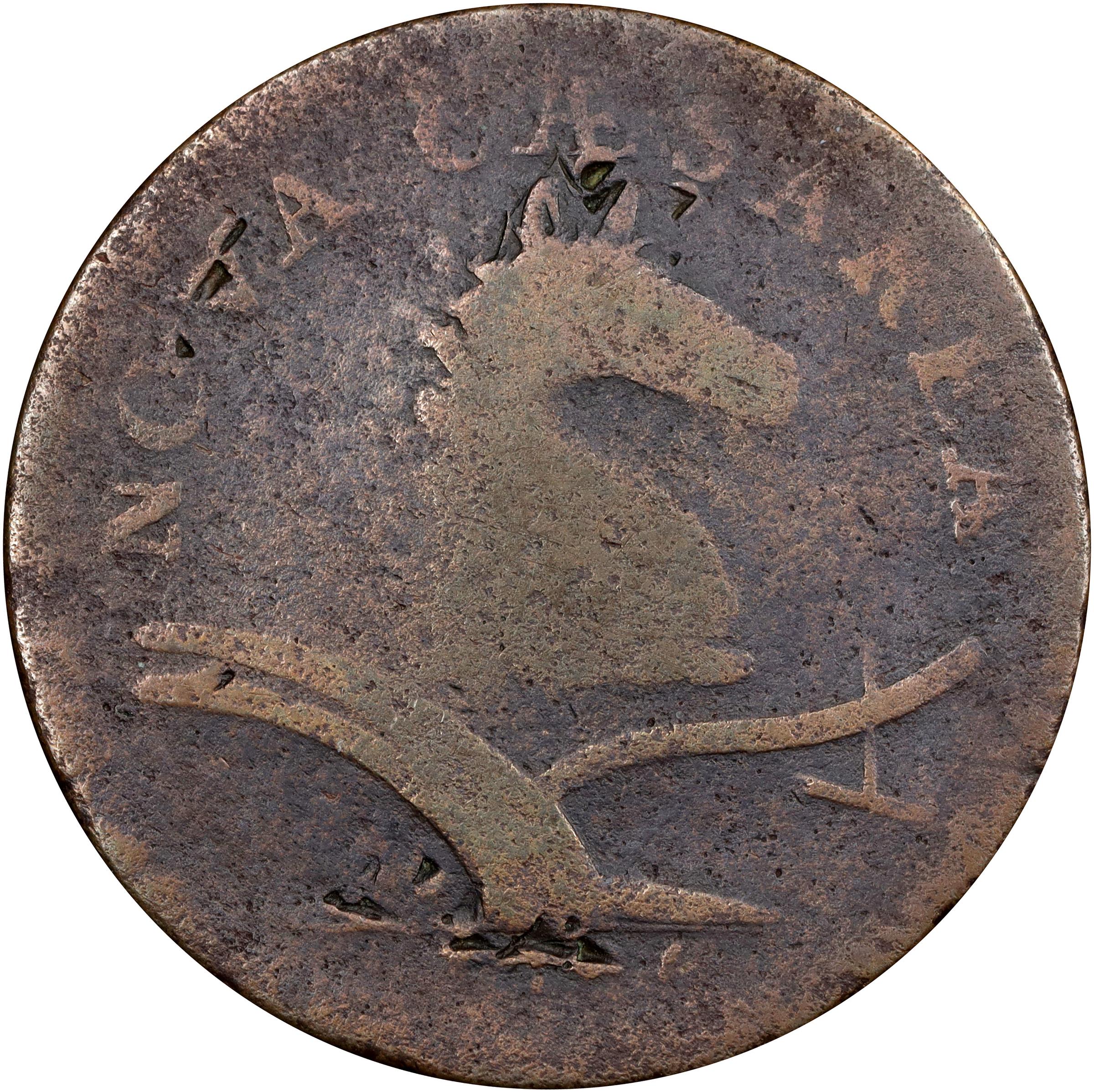 image for: 1786 New Jersey Copper. Maris 12-I, W-4795. Rarity-5. Date Under Plow, No Coulter, Shaggy Mane. Very Good, Surface Marks.