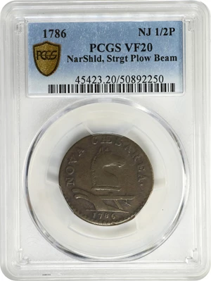 image for: 1786 New Jersey Copper. Maris 17-K, W-4865. Rarity-3. Straight Plow Beam, Chess Knight. VF-20 (PCGS).