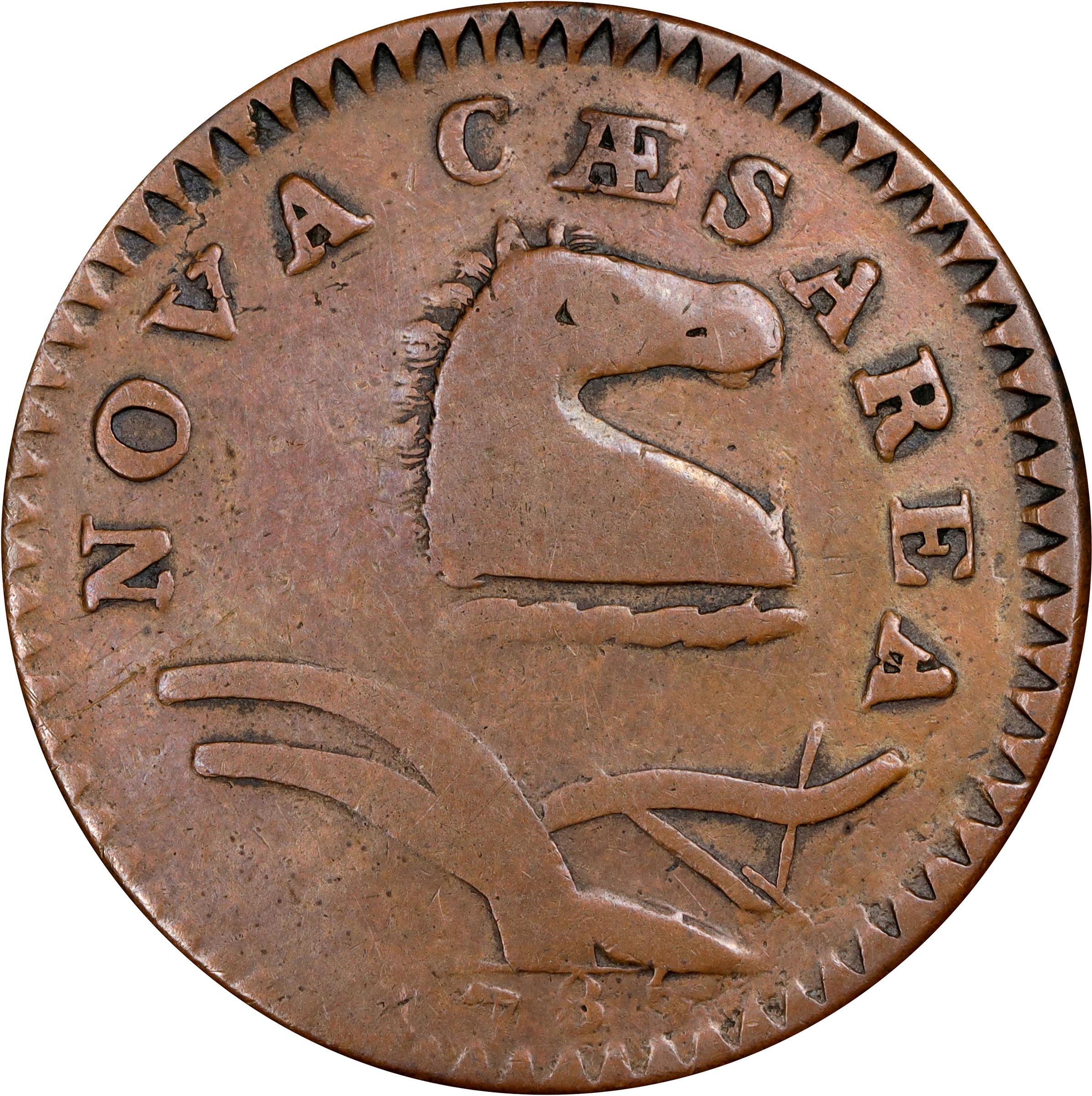 image for: 1786 New Jersey Copper. Maris 18-M, W-4890. Rarity-2. Bridle, Wide Shield. Fine.