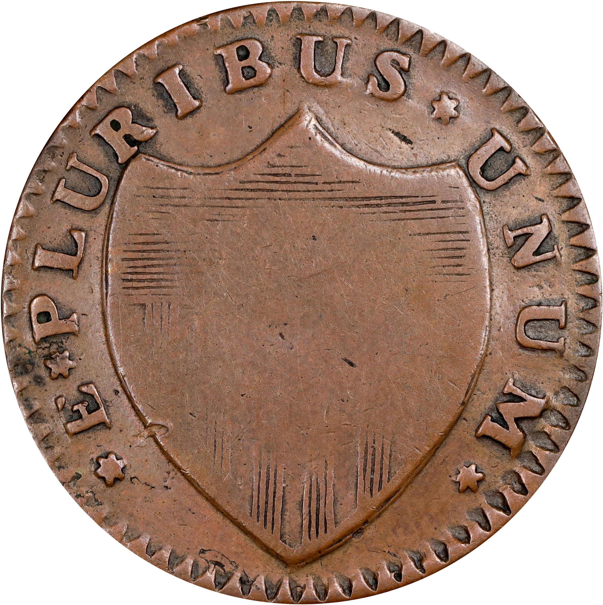 image for: 1786 New Jersey Copper. Maris 18-M, W-4890. Rarity-2. Bridle, Wide Shield. Fine.